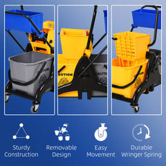 HOMCOM 2 x 6.9 Gallon Mop Water Bucket Wringer Cart with Easy to Use Side Press Wringer, Smooth Wheels, Mop-Handle Holder