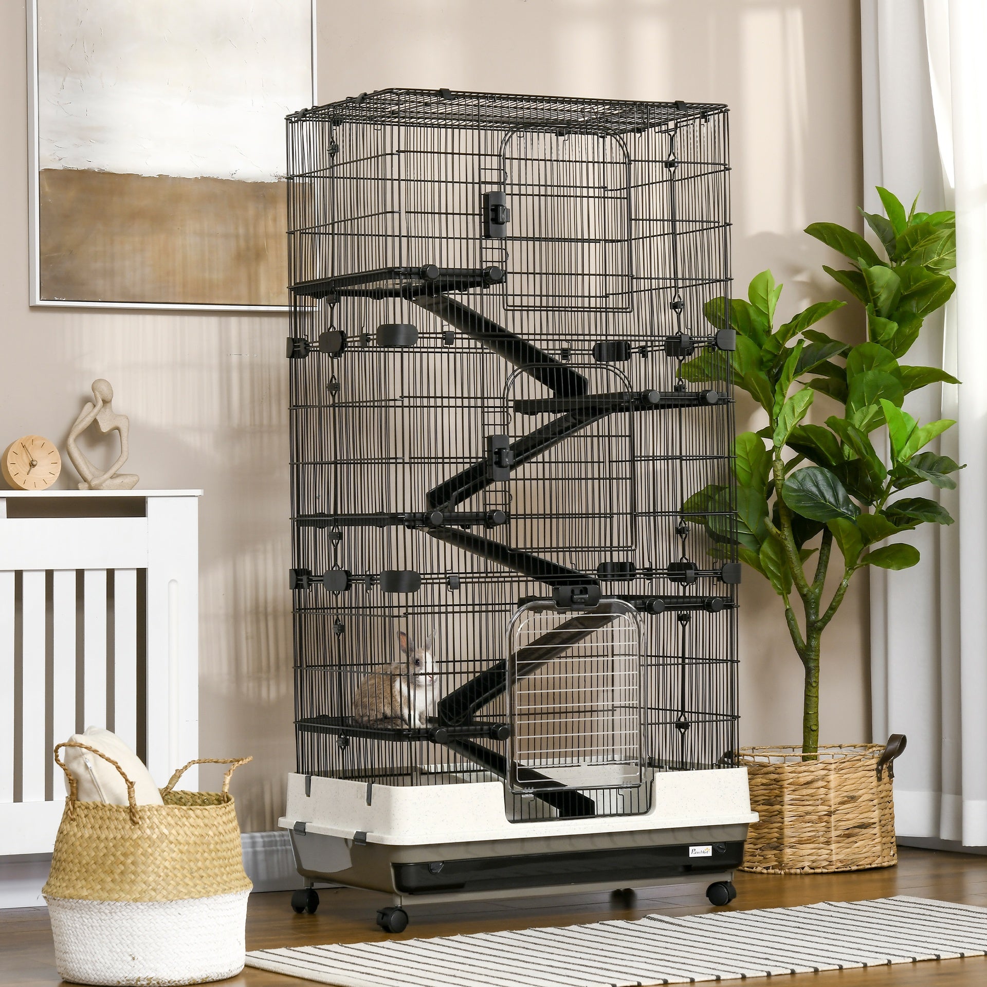 PawHut 6-tier Platform Rolling Small Animal Rabbit Cage with a Large Living Space, Black