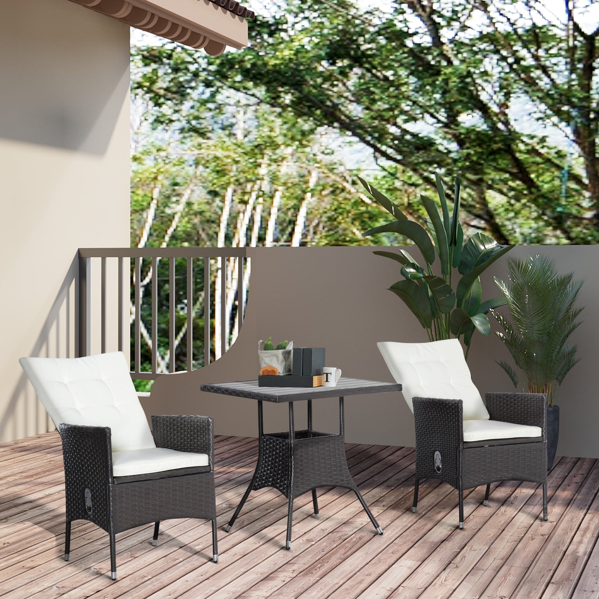 Outsunny 3 Piece Patio Bistro Set, PE Wicker Furniture Conversation Set w/ Tufted Cushion Reclining Chairs & Coffee Table, Cream
