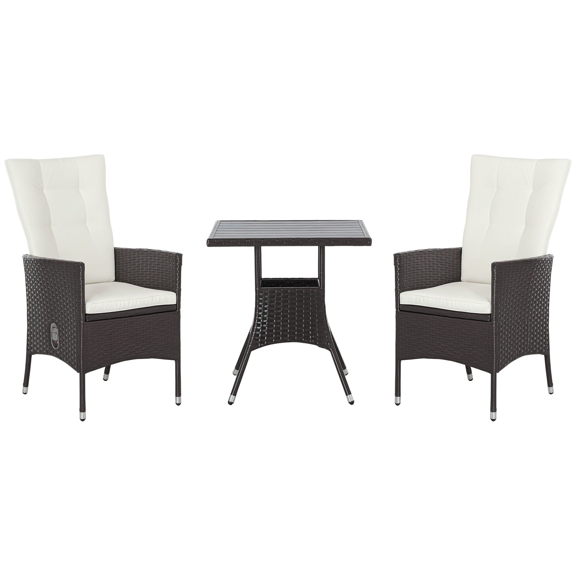 Outsunny 3 Piece Patio Bistro Set, PE Wicker Furniture Conversation Set w/ Tufted Cushion Reclining Chairs & Coffee Table, Cream