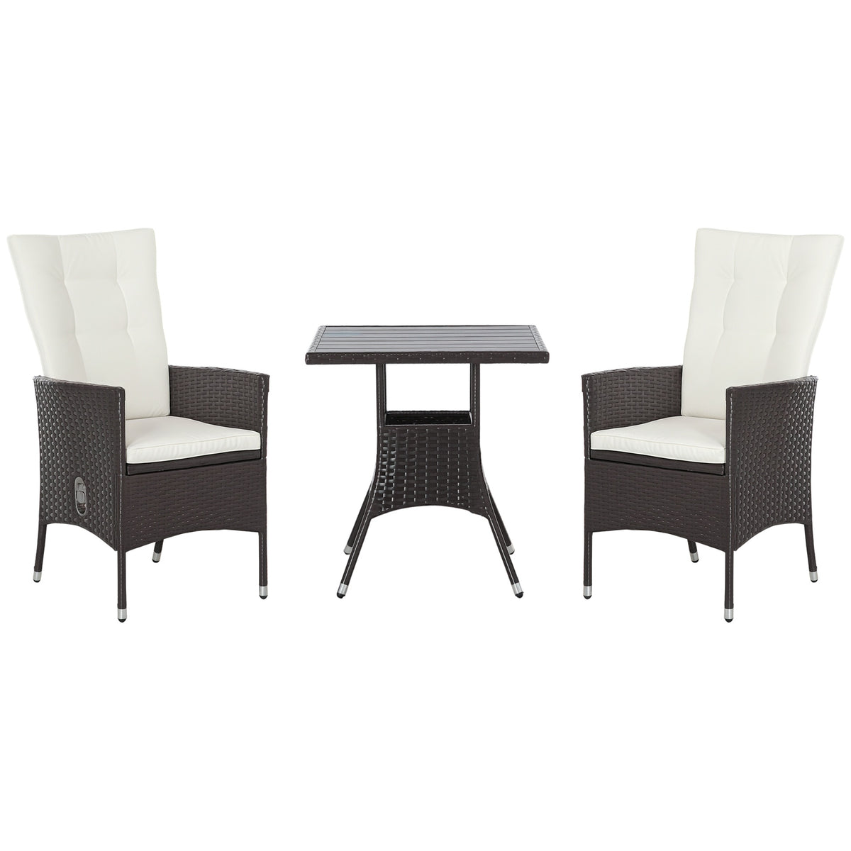 Outsunny 3 Piece Patio Bistro Set, PE Wicker Furniture Conversation Set w/ Tufted Cushion Reclining Chairs & Coffee Table, Cream