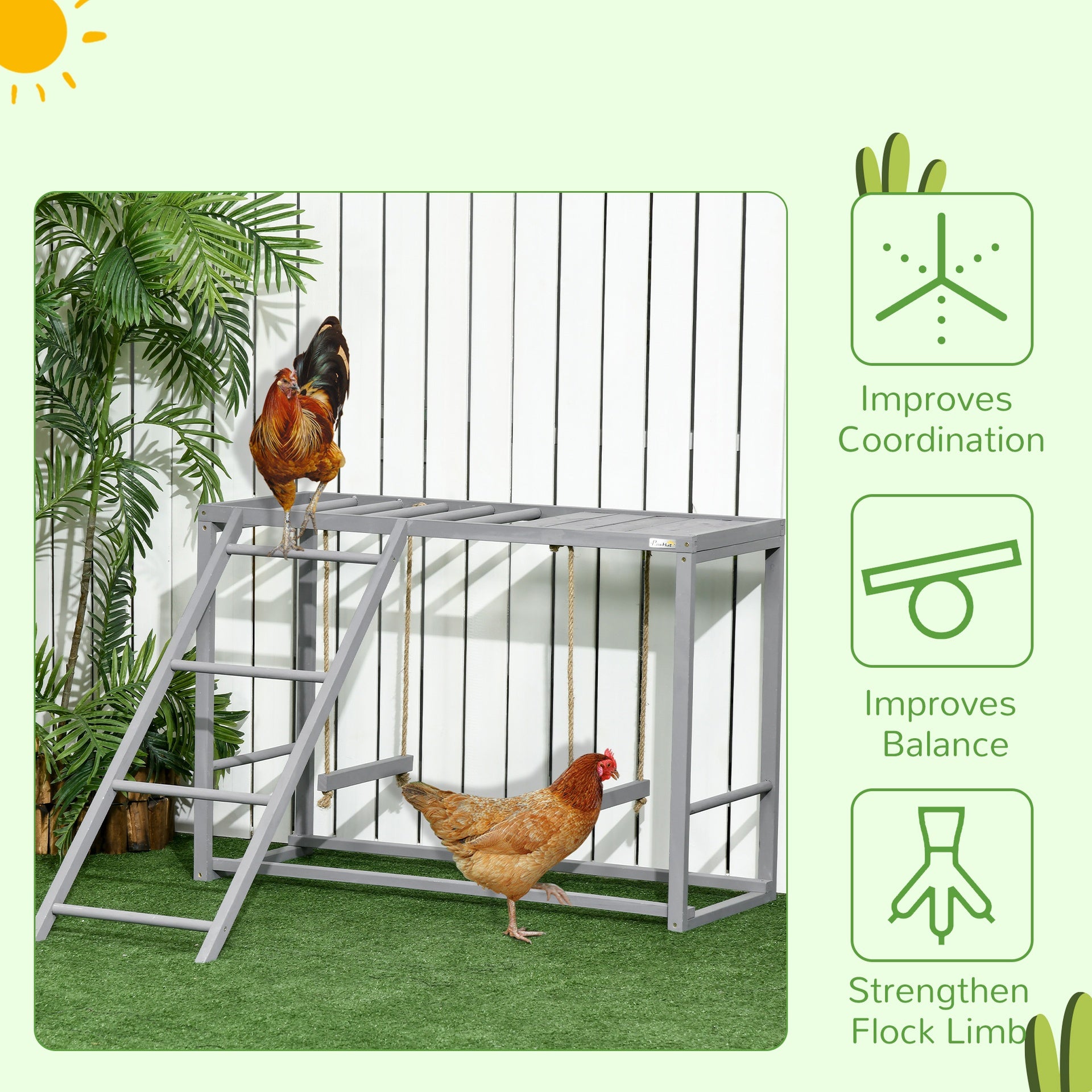 PawHut Chicken Activity Play with Swing Set for 3–4 Birds, Wooden Chicken Coop Accessory with Multiple Perches & Hen Ladder, Gray