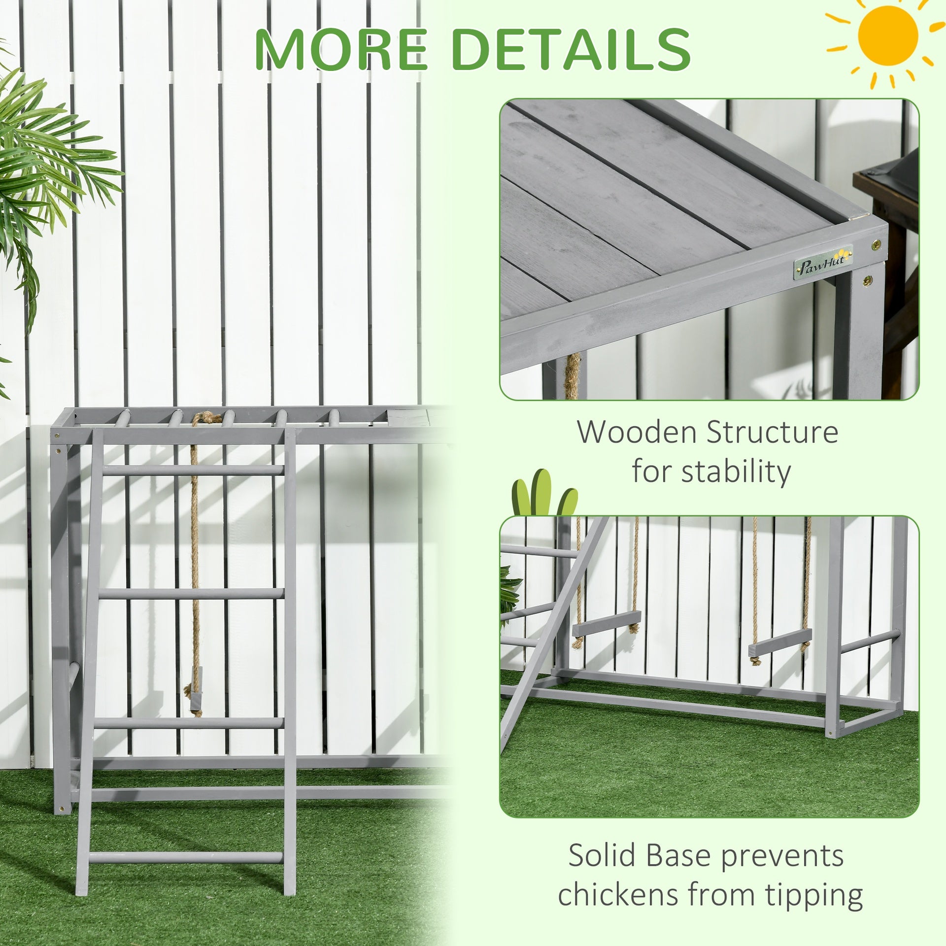 PawHut Chicken Activity Play with Swing Set for 3–4 Birds, Wooden Chicken Coop Accessory with Multiple Perches & Hen Ladder, Gray