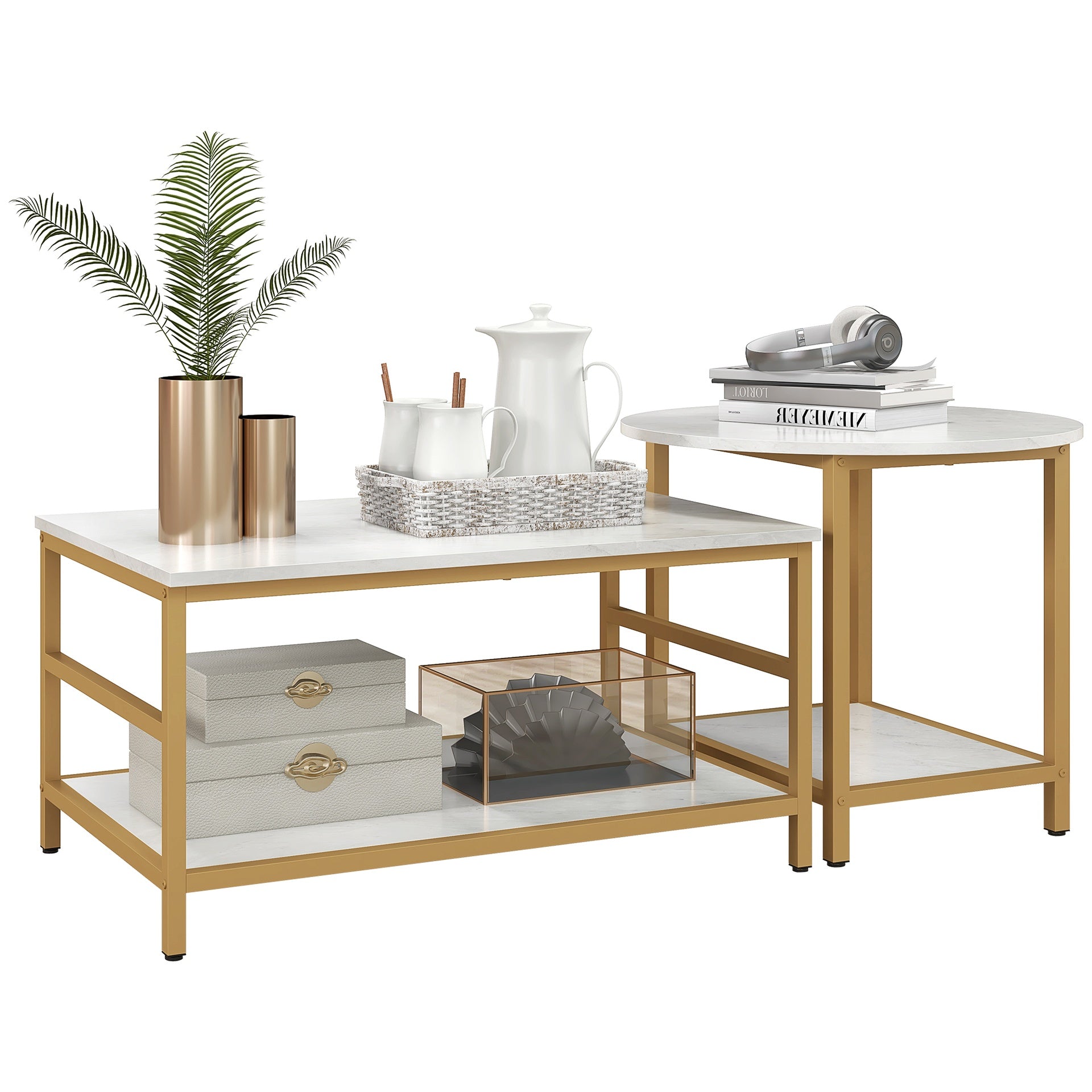HOMCOM Coffee Tables Set of 2, Rectangle and Round Coffee Table with Storage Shelves, Faux Marble Top, Living Room Table Set