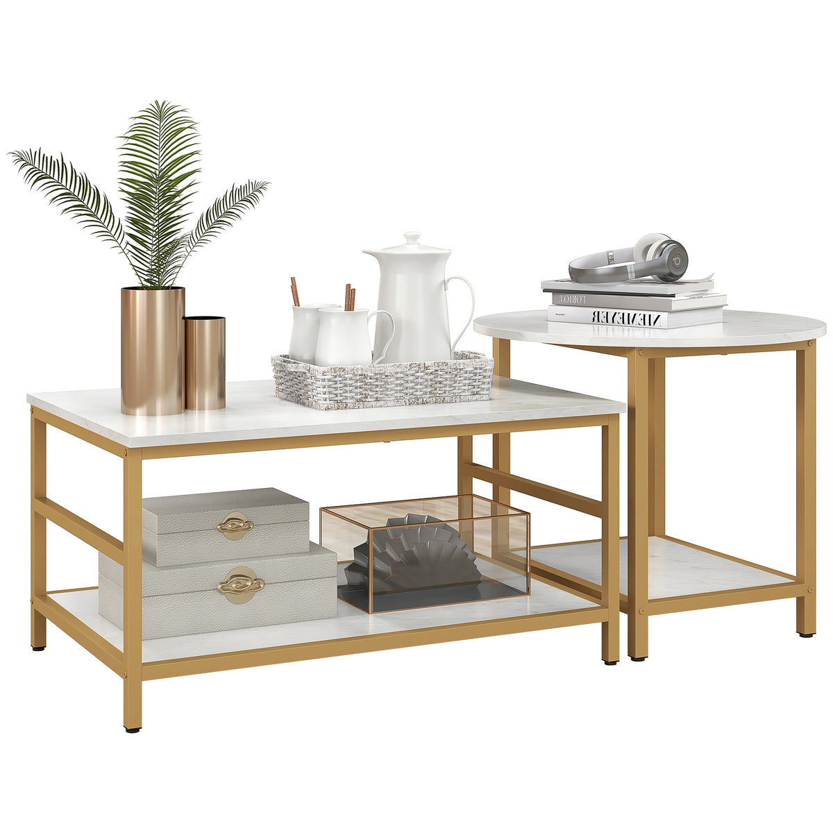 HOMCOM Coffee Tables Set of 2, Rectangle and Round Coffee Table with Storage Shelves, Faux Marble Top, Living Room Table Set