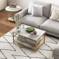 HOMCOM Coffee Tables Set of 2, Rectangle and Round Coffee Table with Storage Shelves, Faux Marble Top, Living Room Table Set
