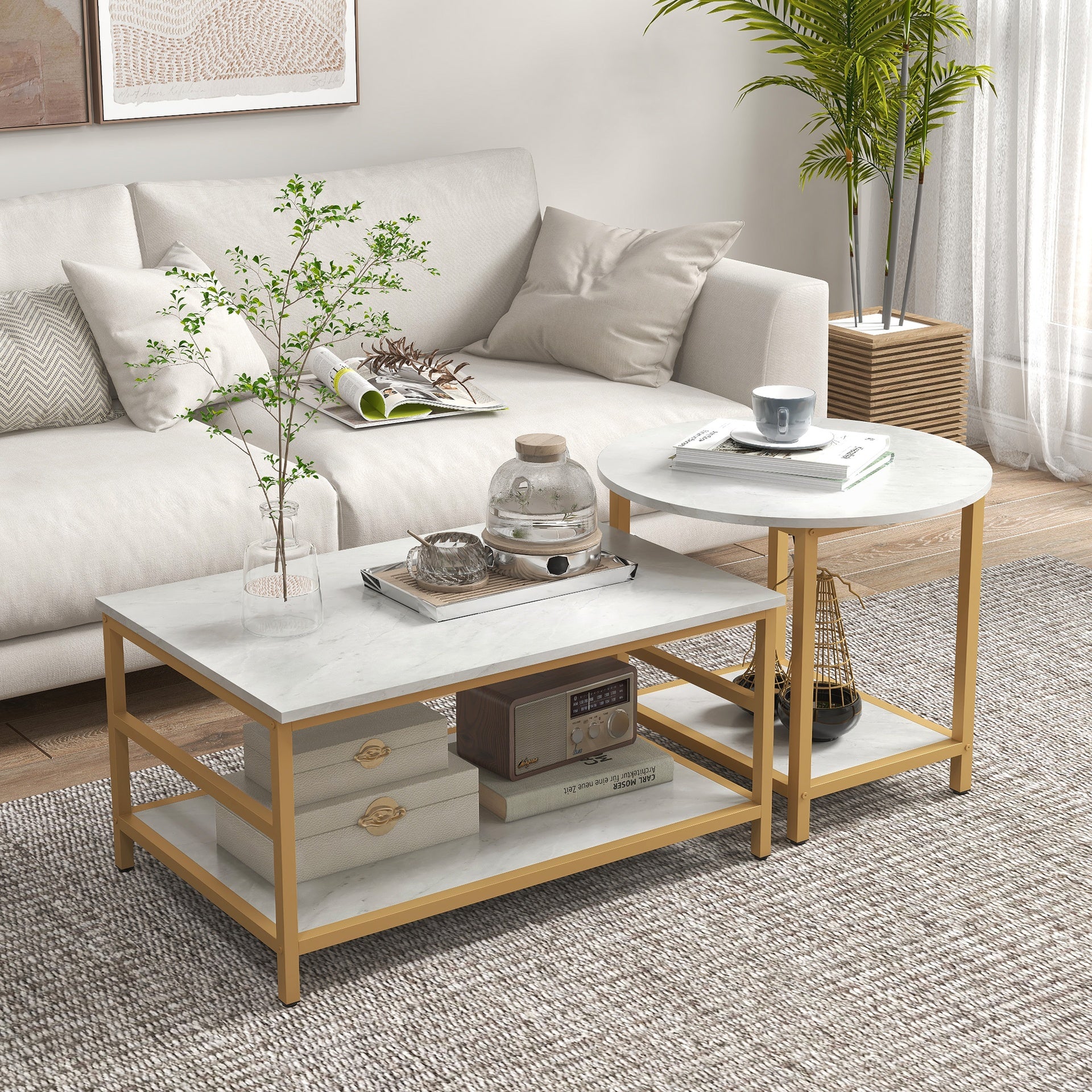 HOMCOM Coffee Tables Set of 2, Rectangle and Round Coffee Table with Storage Shelves, Faux Marble Top, Living Room Table Set