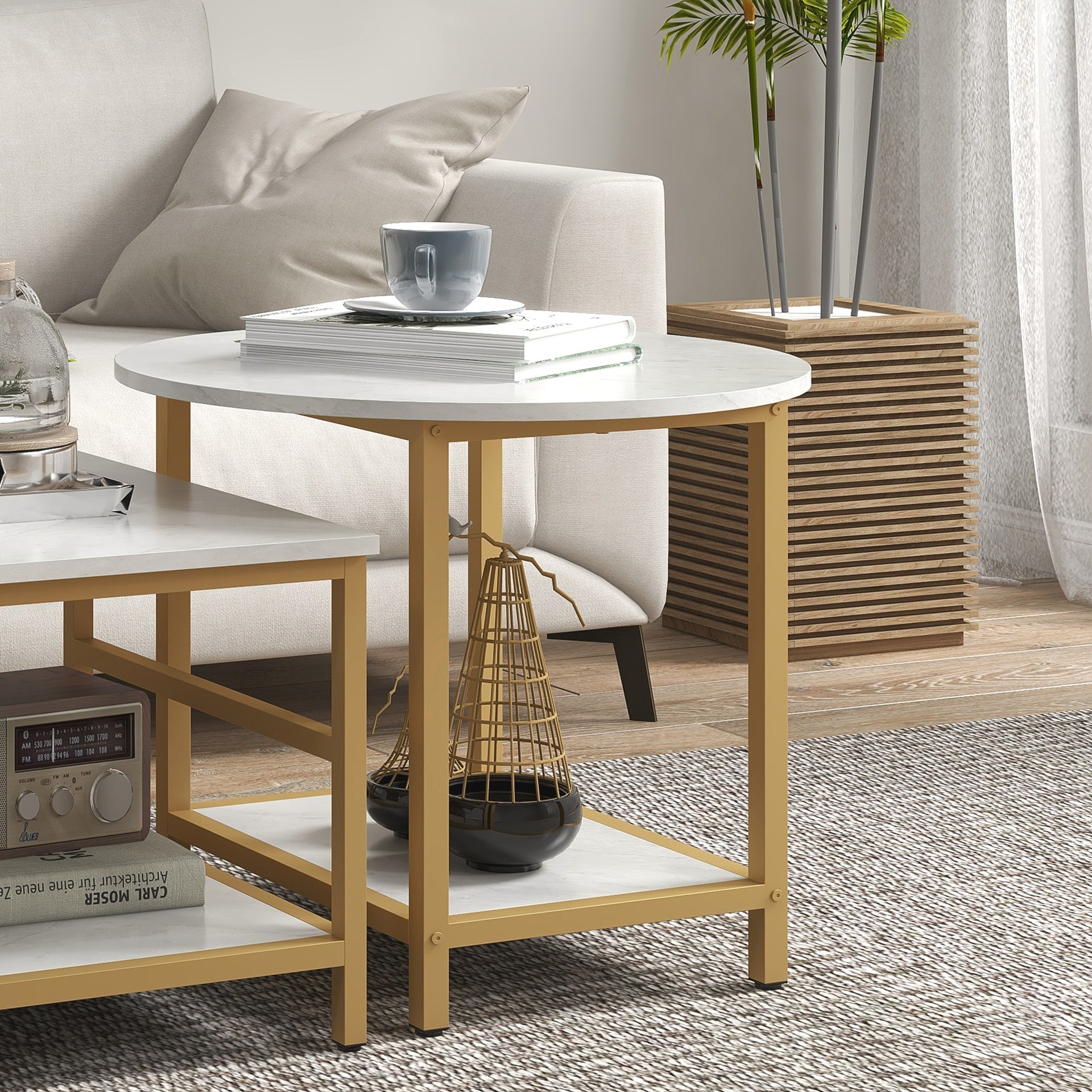 HOMCOM Coffee Tables Set of 2, Rectangle and Round Coffee Table with Storage Shelves, Faux Marble Top, Living Room Table Set