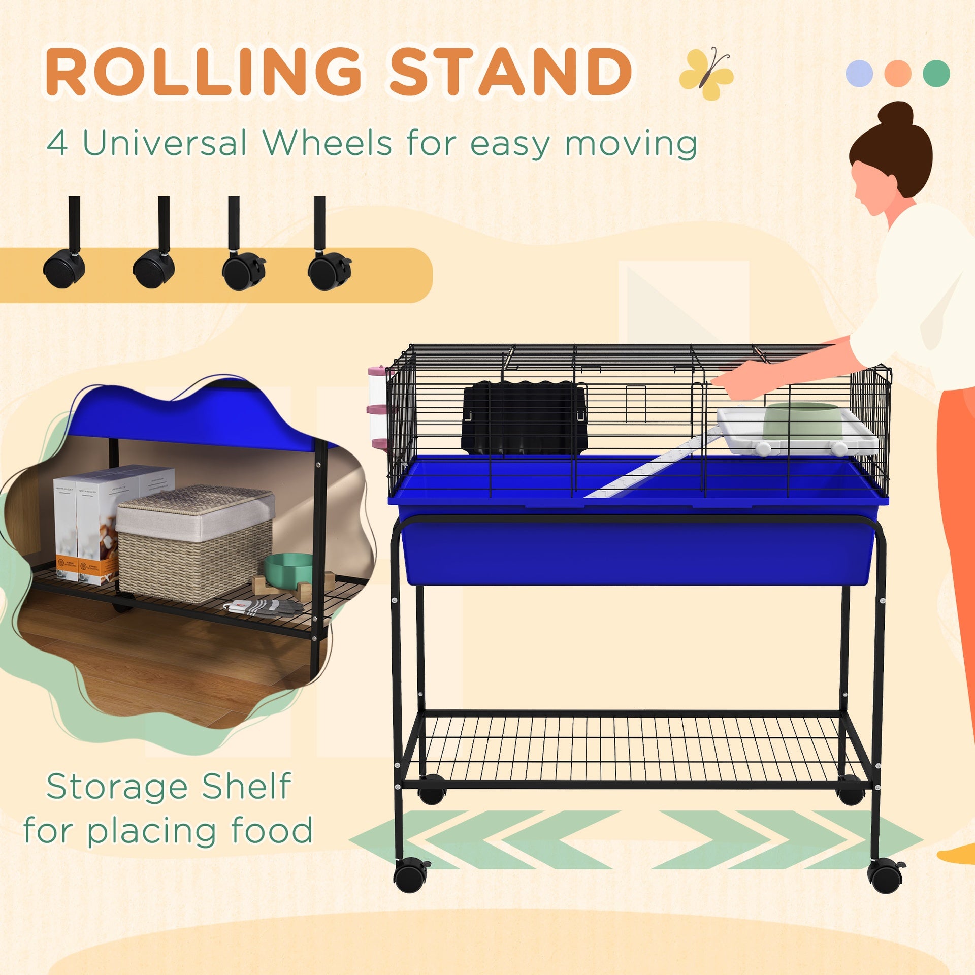 PawHut Two-Story Small Animal Cage Removable from Stand, Pet Habitat with Shelf & Wheels, 33" x 18.5" x 35", Blue