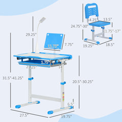 Qaba Kids Desk and Chair Set with USB Light, Storage Drawer, Blue
