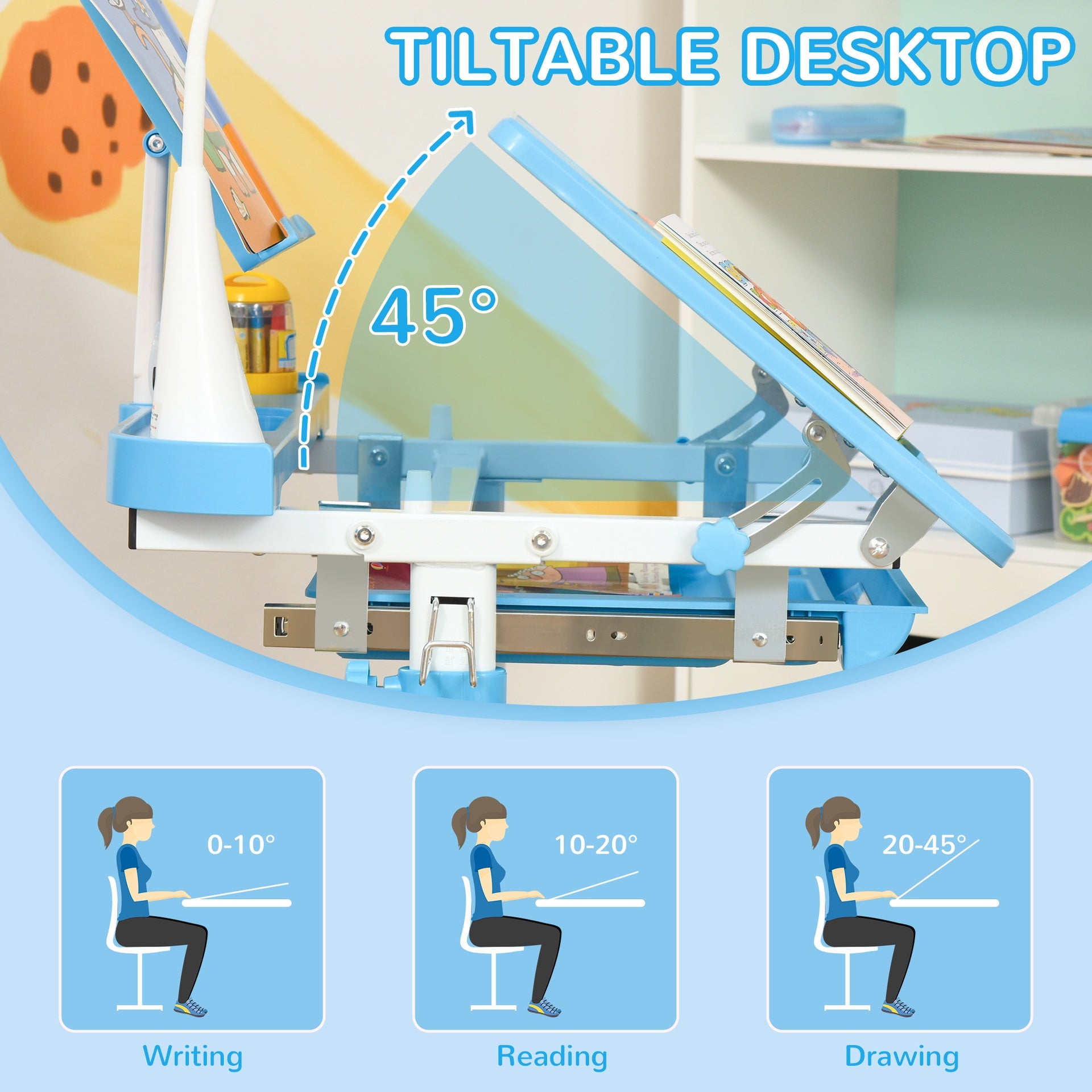 Qaba Kids Desk and Chair Set with USB Light, Storage Drawer, Blue