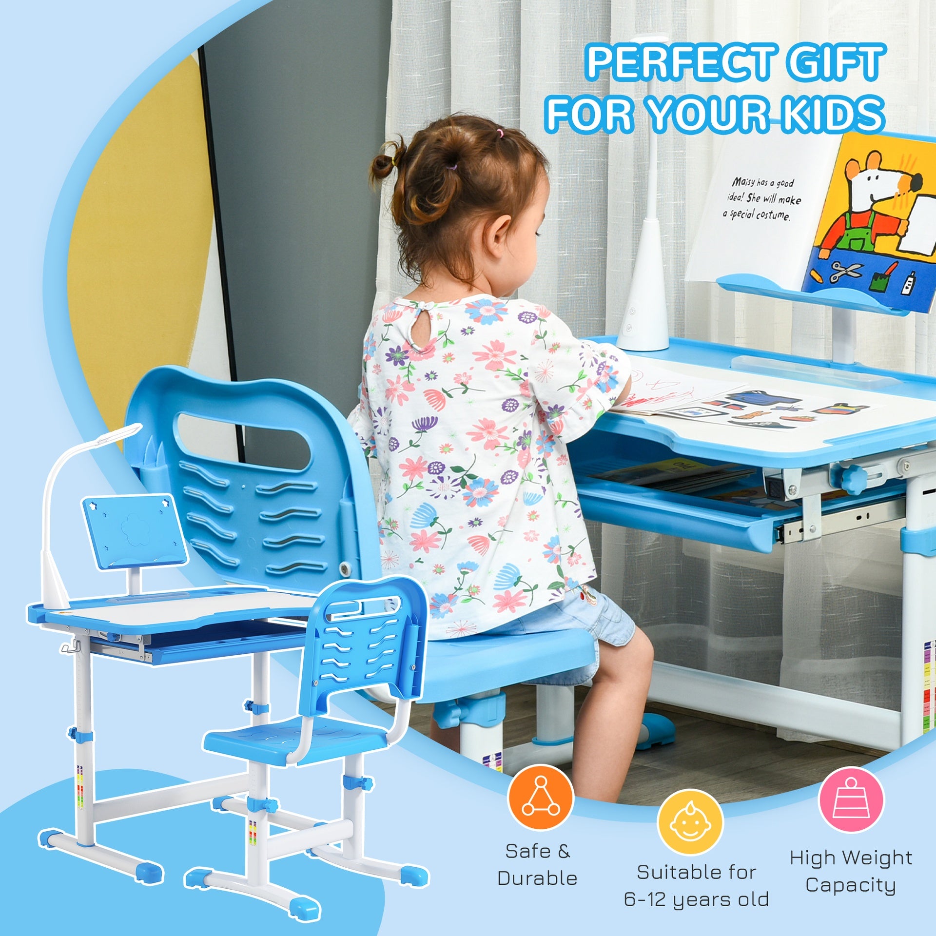Qaba Kids Desk and Chair Set with USB Light, Storage Drawer, Blue