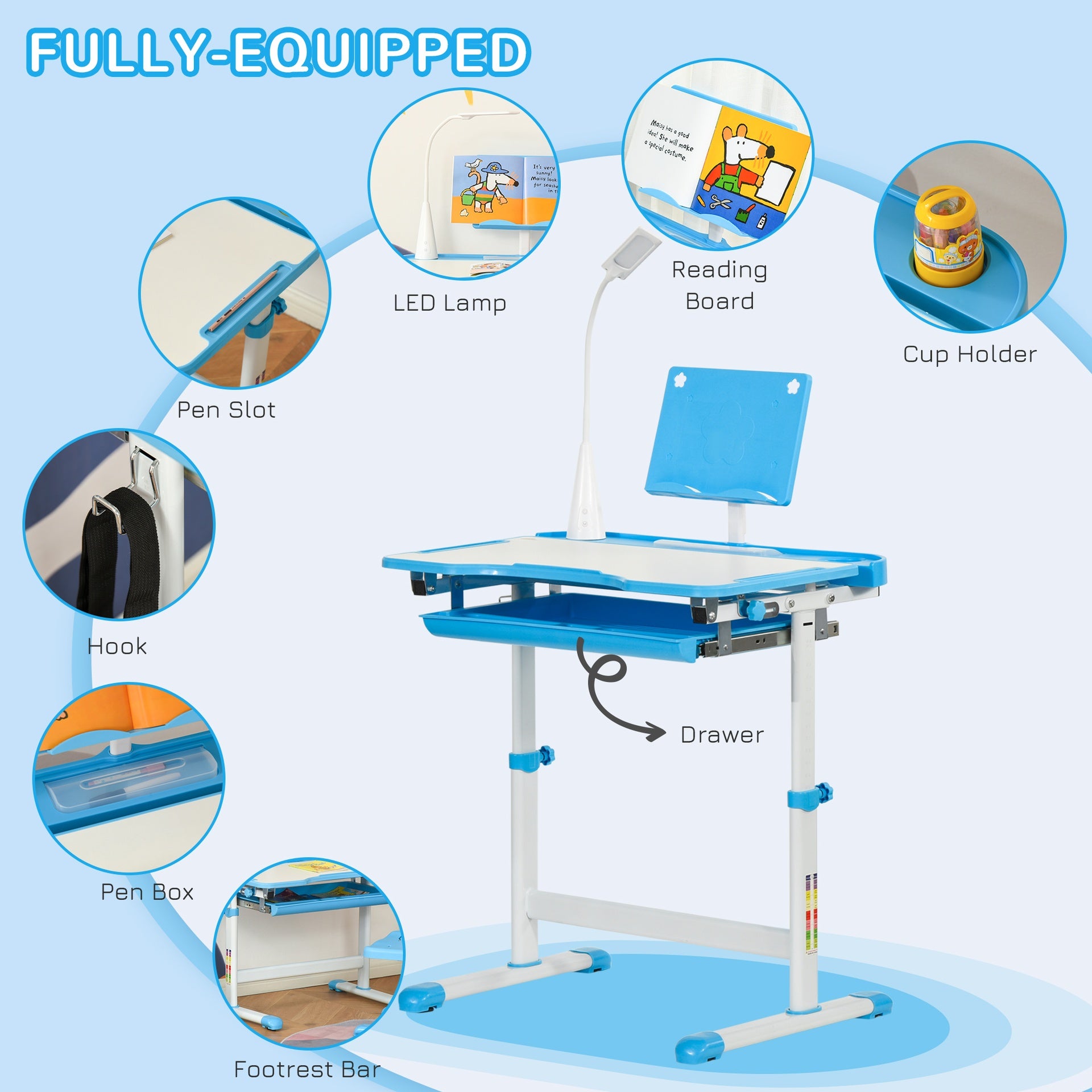 Qaba Kids Desk and Chair Set with USB Light, Storage Drawer, Blue