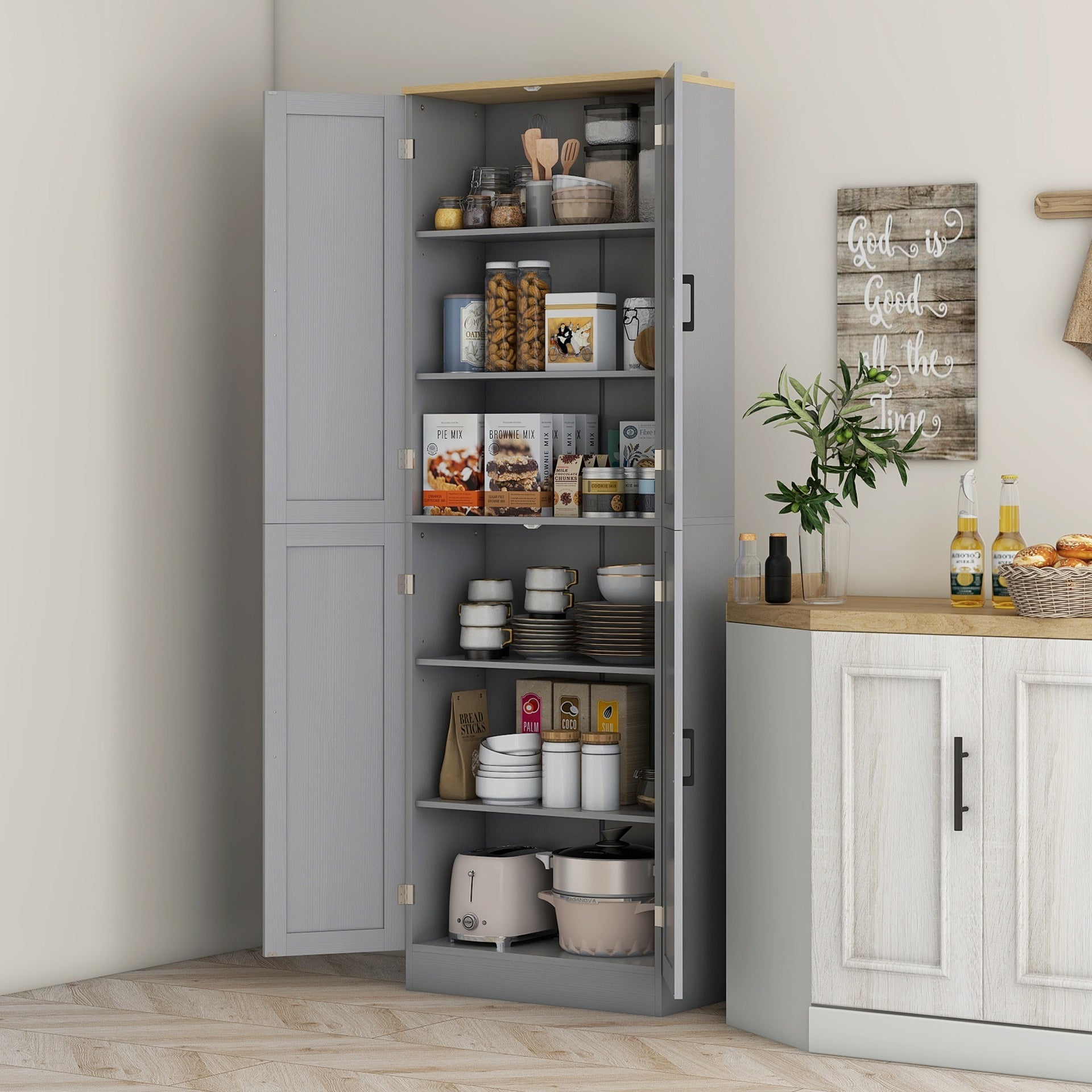HOMCOM Freestanding Kitchen Pantry, 4-Door Kitchen Pantry Cabinet with Adjustable Shelves and Doors, Distressed White