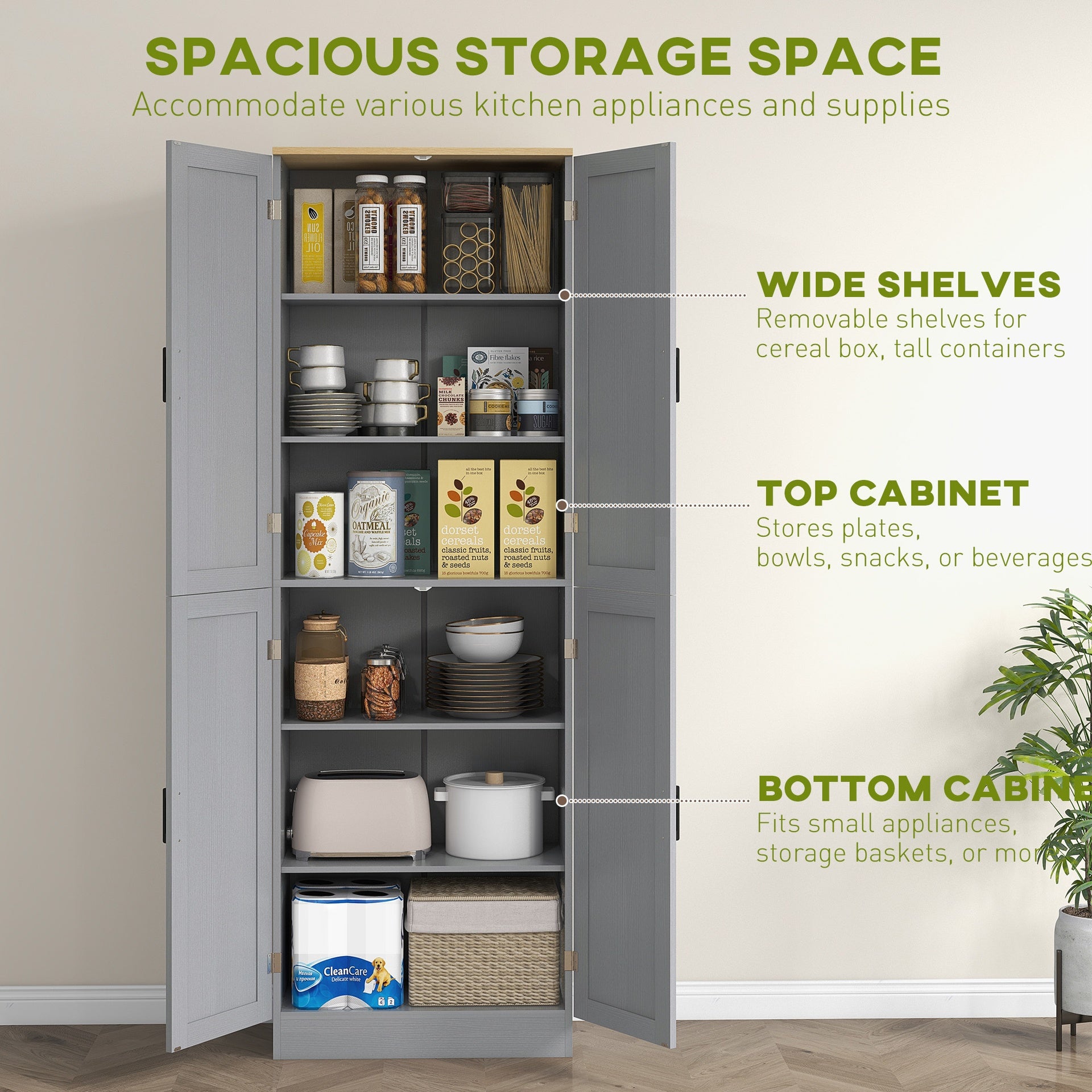 HOMCOM Freestanding Kitchen Pantry, 4-Door Kitchen Pantry Cabinet with Adjustable Shelves and Doors, Distressed White