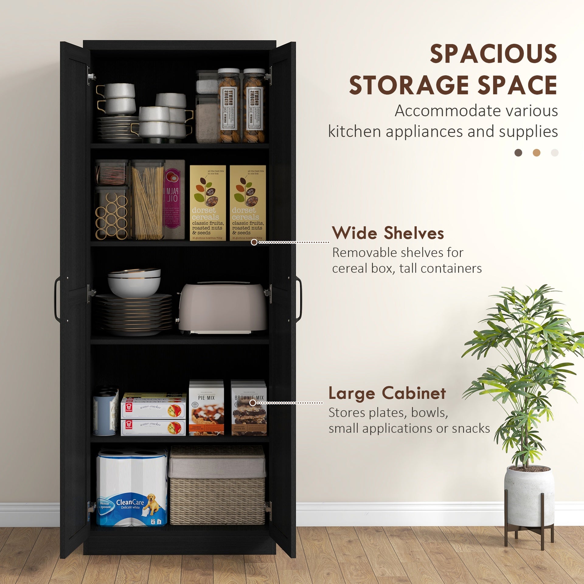 HOMCOM 63" 2-Door Kitchen Pantry, Freestanding Cabinet with 2 Adjustable Shelves for Dining Room, Cinnamon Black Wood Grain
