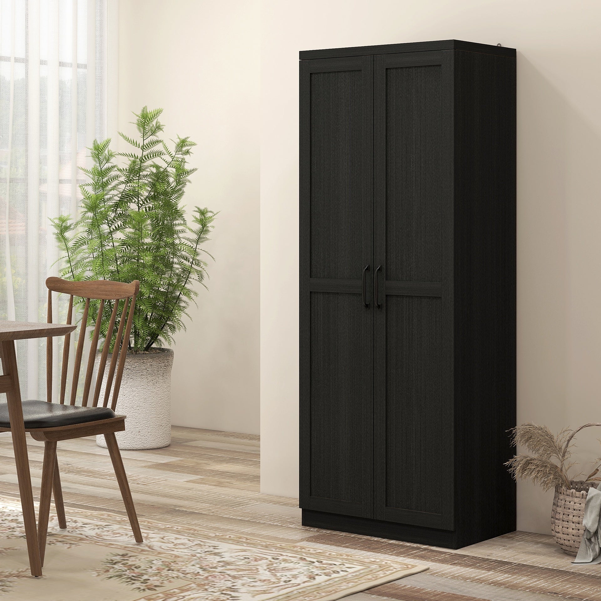HOMCOM 63" 2-Door Kitchen Pantry, Freestanding Cabinet with 2 Adjustable Shelves for Dining Room, Cinnamon Black Wood Grain