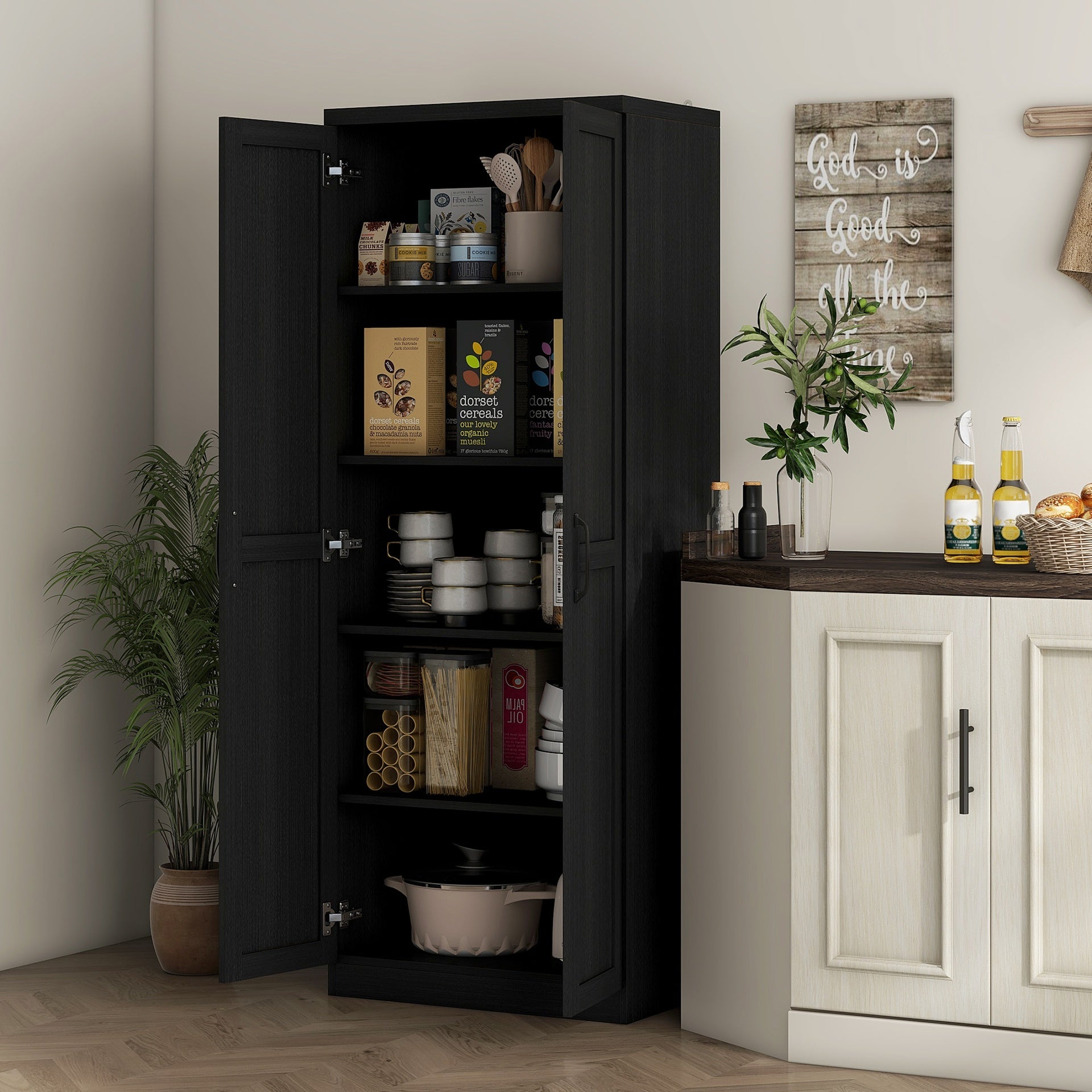 HOMCOM 63" 2-Door Kitchen Pantry, Freestanding Cabinet with 2 Adjustable Shelves for Dining Room, Cinnamon Black Wood Grain