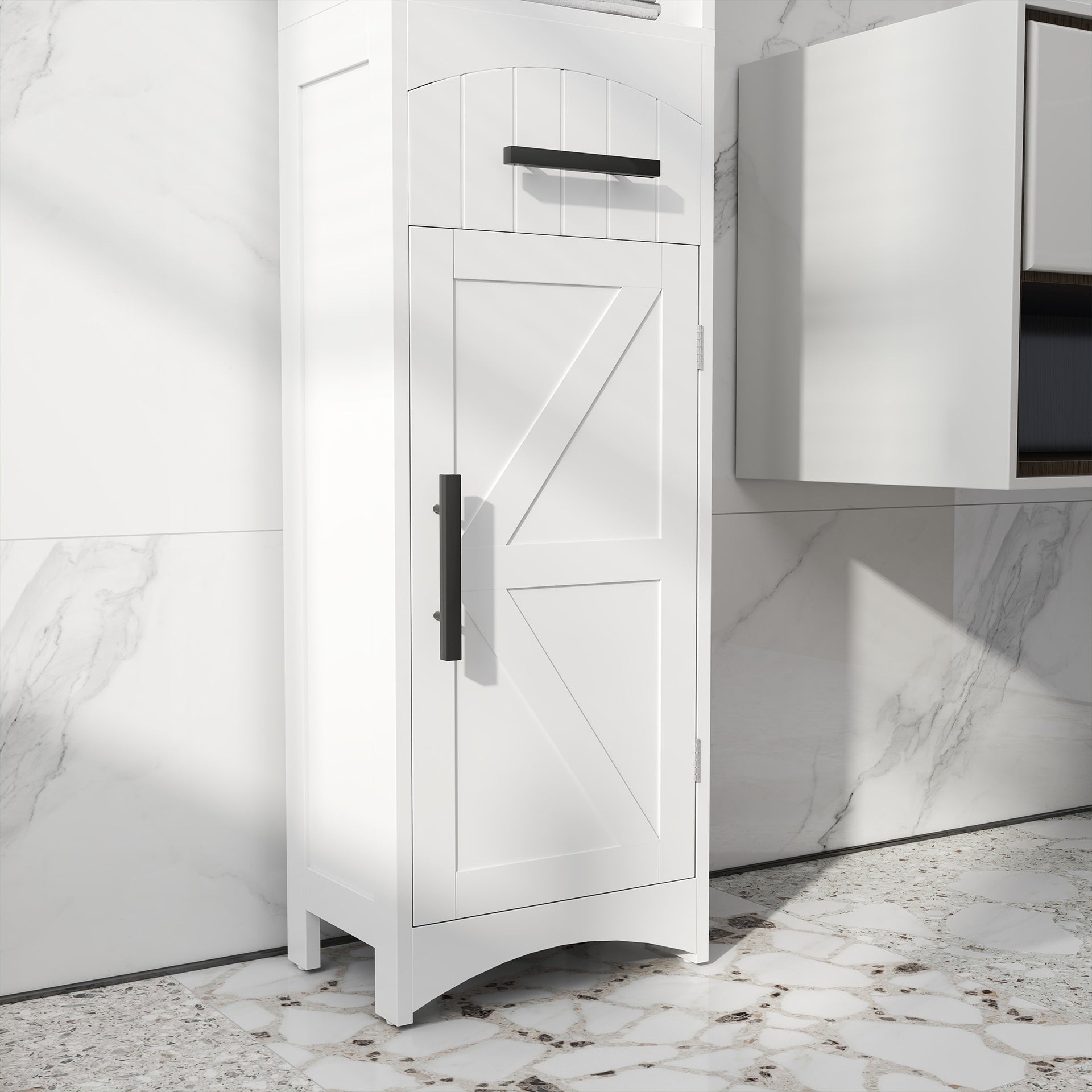 HOMCOM Farmhouse Tall Slim Bathroom Storage Cabinet with Recessed Drawer, Narrow Cabinet with Barn Door, White