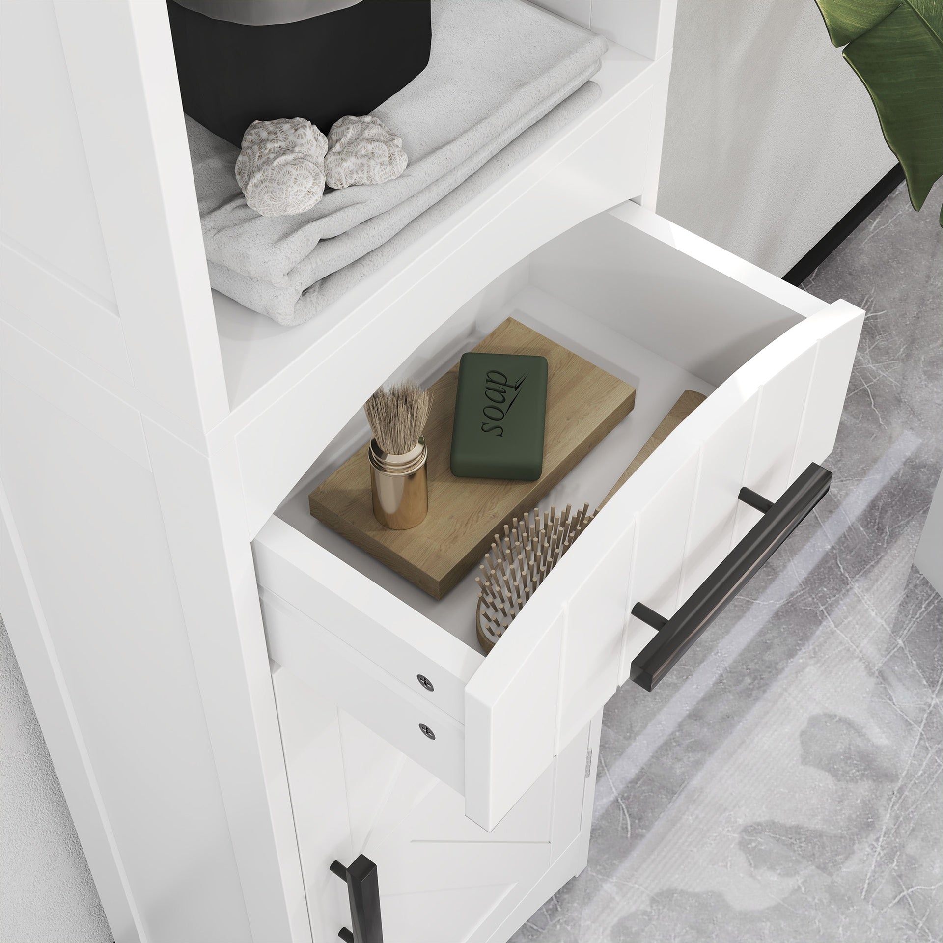 HOMCOM Farmhouse Tall Slim Bathroom Storage Cabinet with Recessed Drawer, Narrow Cabinet with Barn Door, White