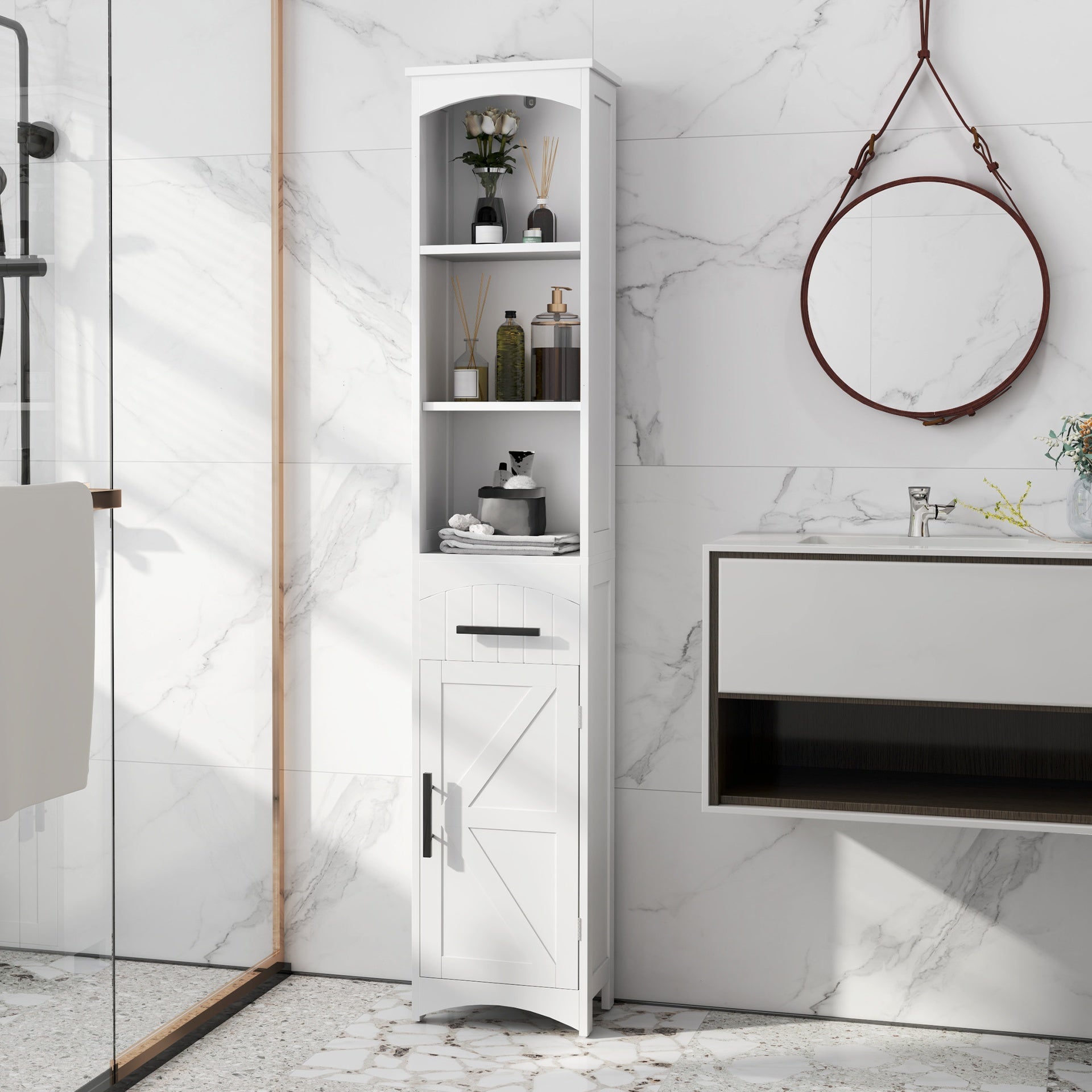 HOMCOM Farmhouse Tall Slim Bathroom Storage Cabinet with Recessed Drawer, Narrow Cabinet with Barn Door, White
