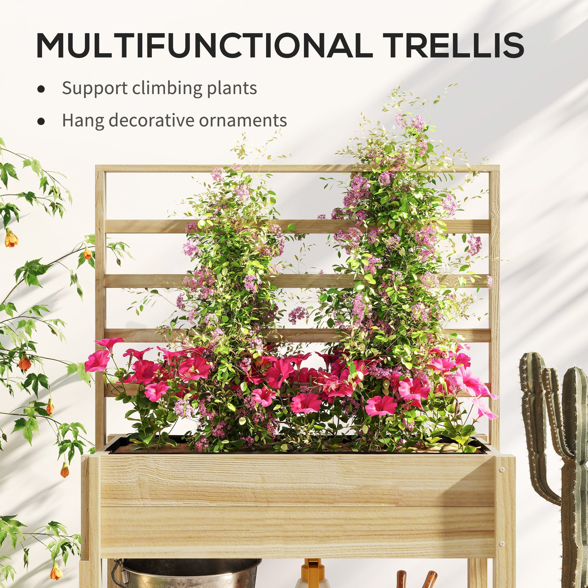 Outsunny Wooden Raised Garden Bed with Trellis, Outdoor Planter Box with Storage Shelf for Vegetables, Flowers, Herbs