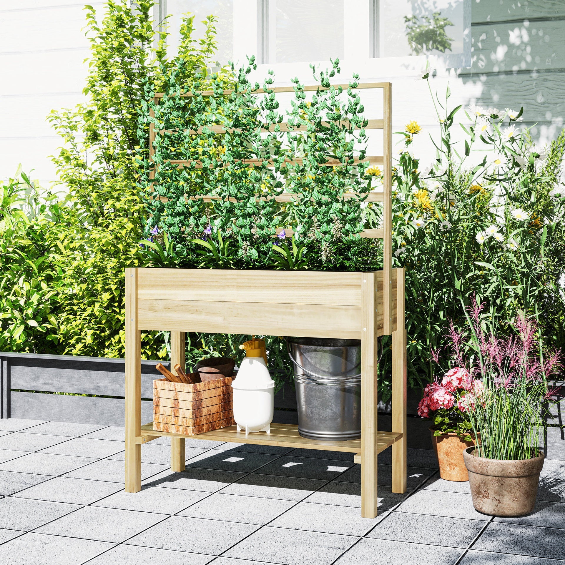Outsunny Wooden Raised Garden Bed with Trellis, Outdoor Planter Box with Storage Shelf for Vegetables, Flowers, Herbs