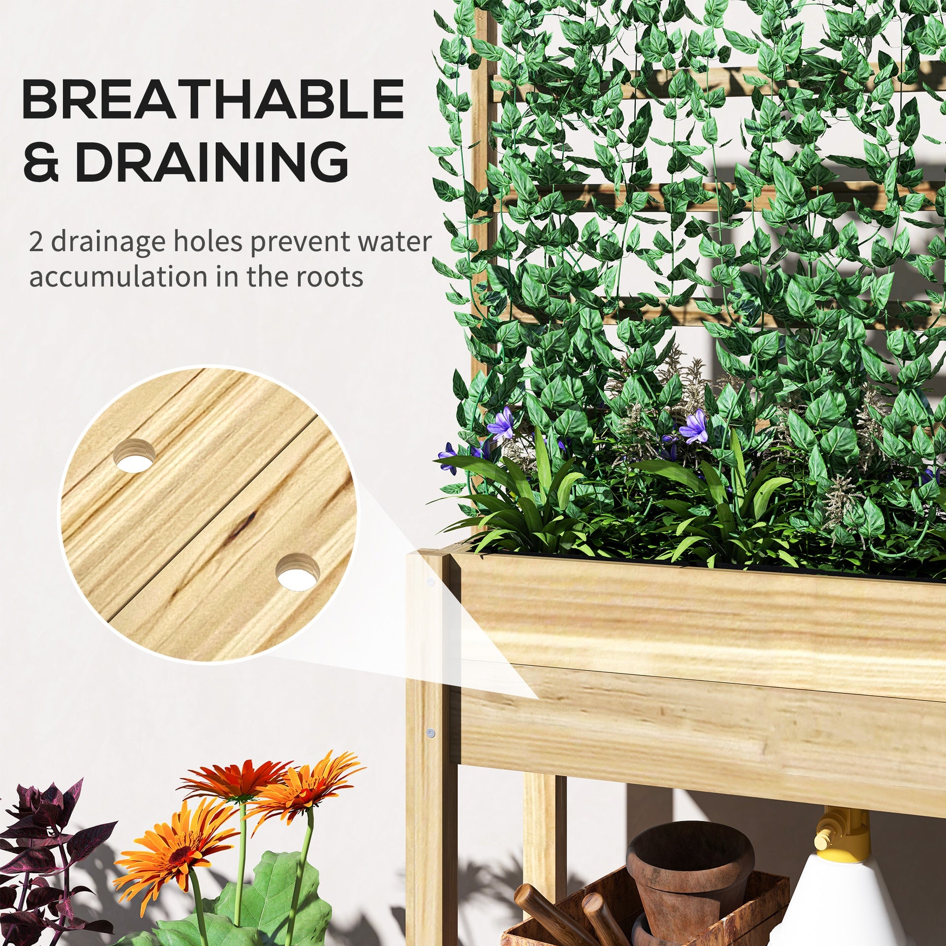 Outsunny Wooden Raised Garden Bed with Trellis, Outdoor Planter Box with Storage Shelf for Vegetables, Flowers, Herbs
