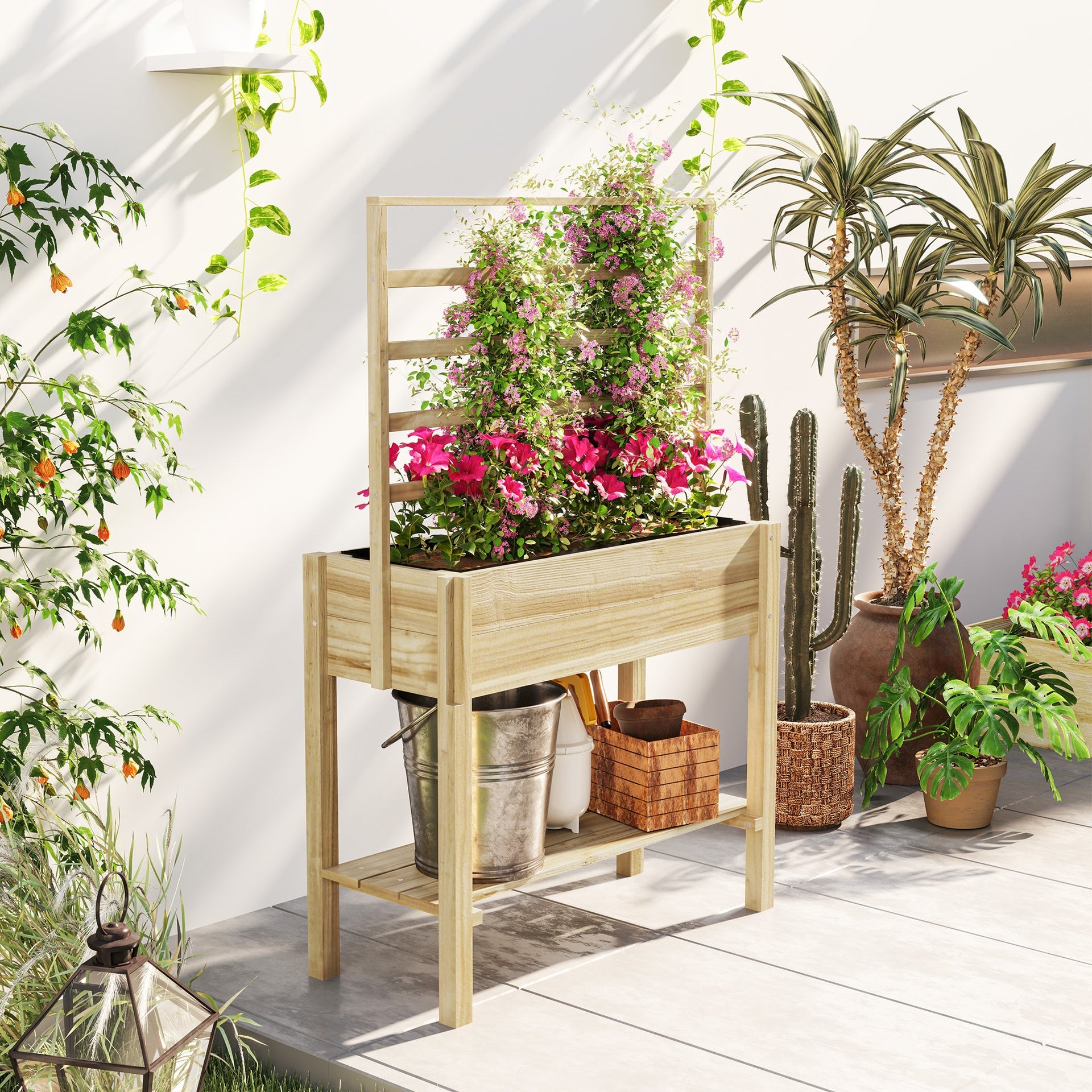 Outsunny Wooden Raised Garden Bed with Trellis, Outdoor Planter Box with Storage Shelf for Vegetables, Flowers, Herbs
