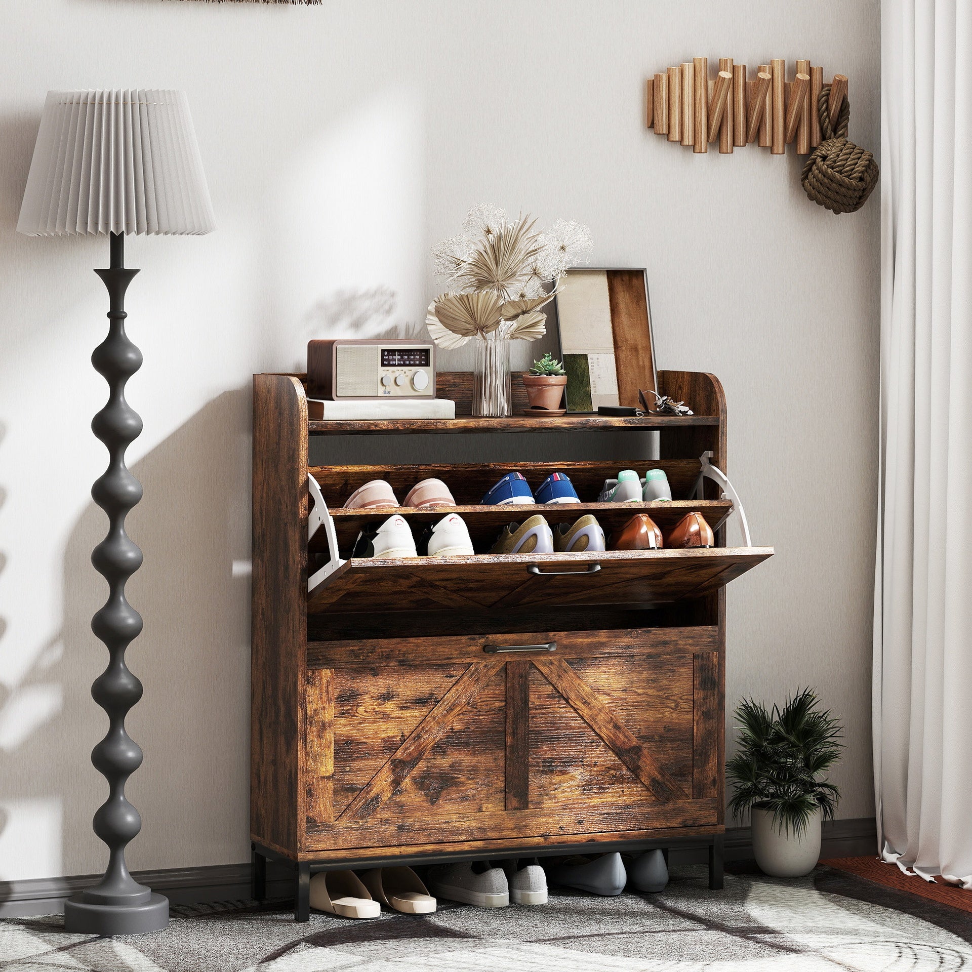 HOMCOM Shoe Cabinet Organizer with 2 Flip Drawers, Legs, Narrow Shoe Storage Cabinet for Entryway, Hallway, Rustic Brown