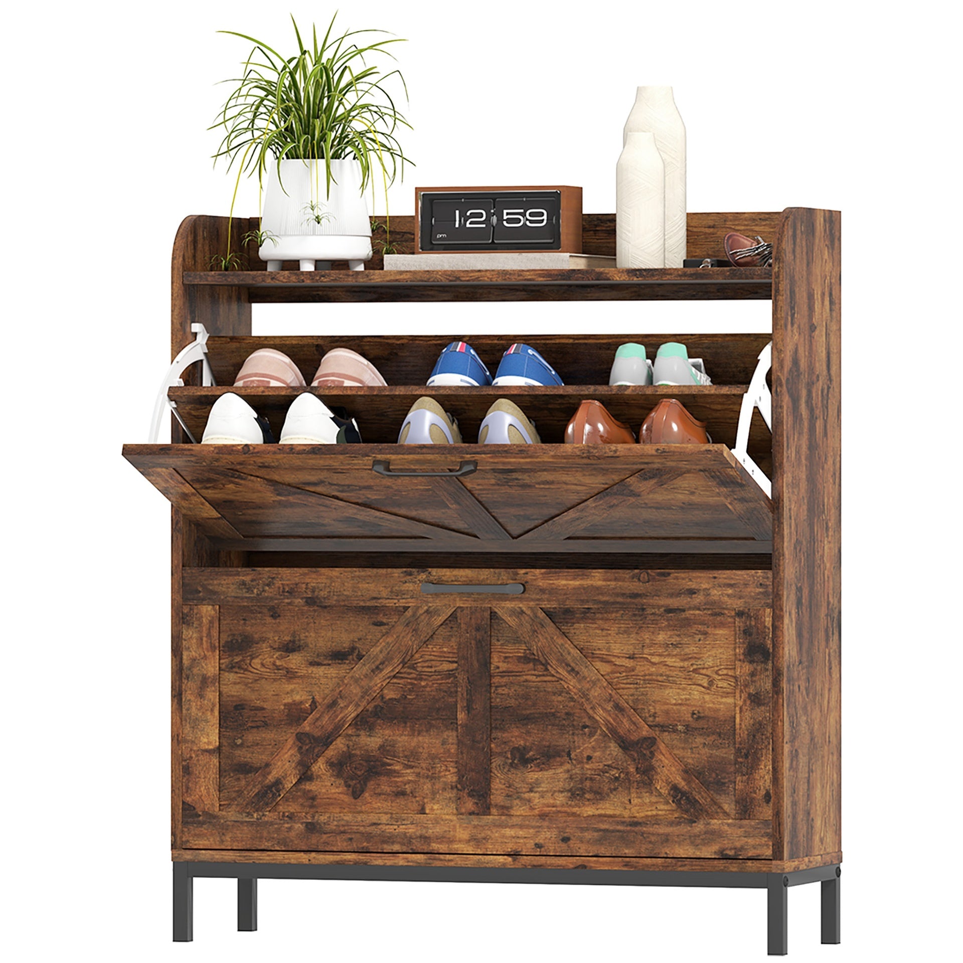 HOMCOM Shoe Cabinet Organizer with 2 Flip Drawers, Legs, Narrow Shoe Storage Cabinet for Entryway, Hallway, Rustic Brown