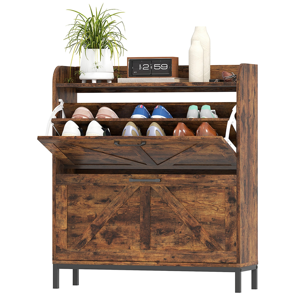 HOMCOM Shoe Cabinet Organizer with 2 Flip Drawers, Legs, Narrow Shoe Storage Cabinet for Entryway, Hallway, Rustic Brown