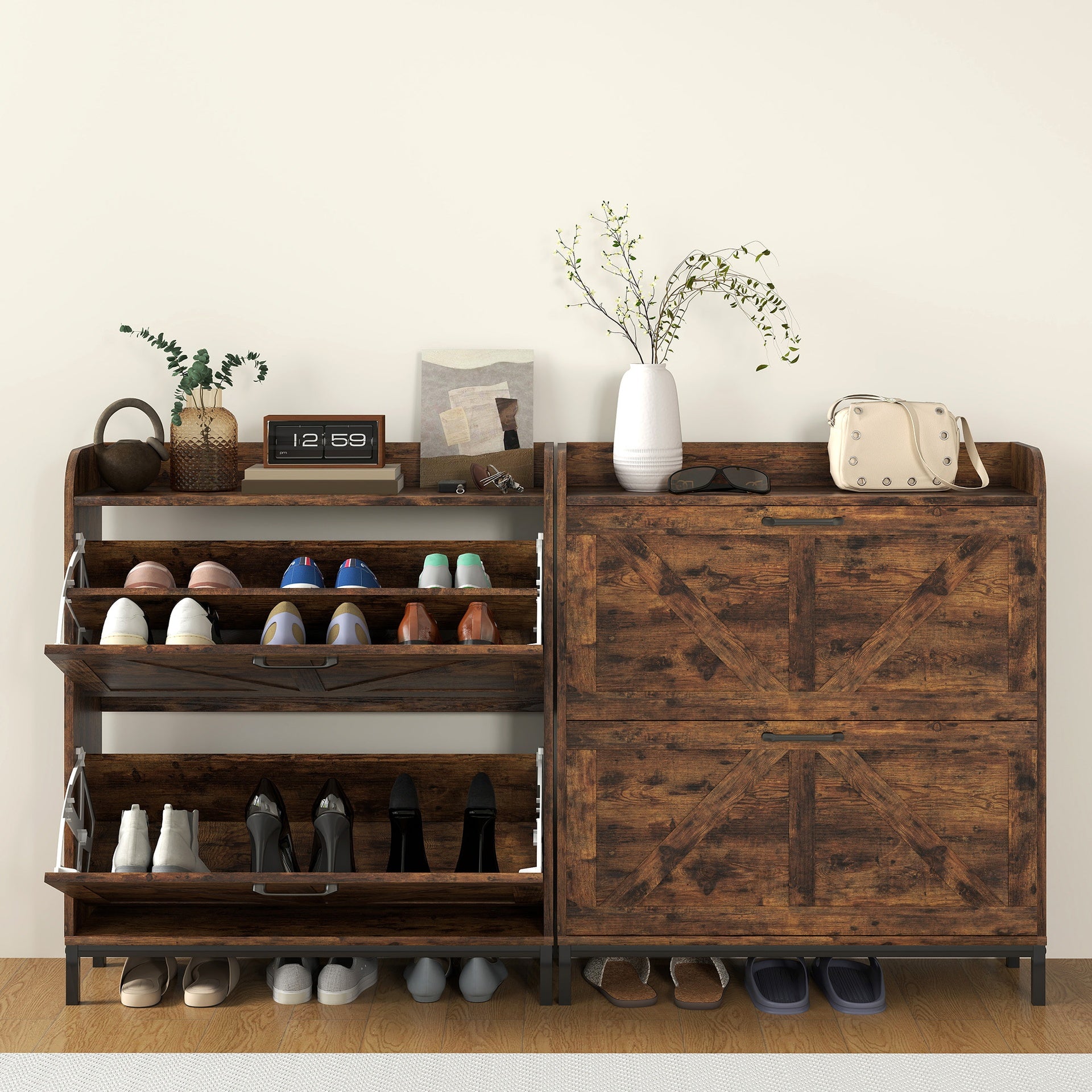 HOMCOM Shoe Cabinet Organizer with 2 Flip Drawers, Legs, Narrow Shoe Storage Cabinet for Entryway, Hallway, Rustic Brown
