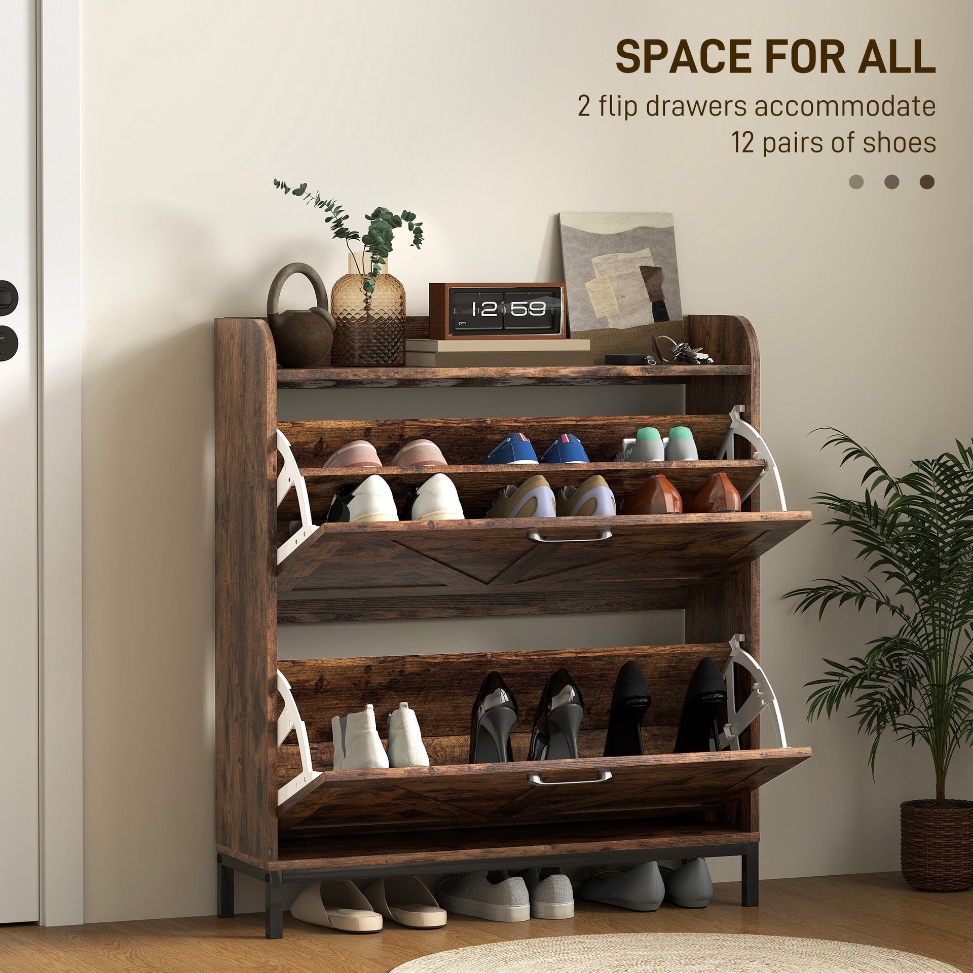 HOMCOM Shoe Cabinet Organizer with 2 Flip Drawers, Legs, Narrow Shoe Storage Cabinet for Entryway, Hallway, Rustic Brown