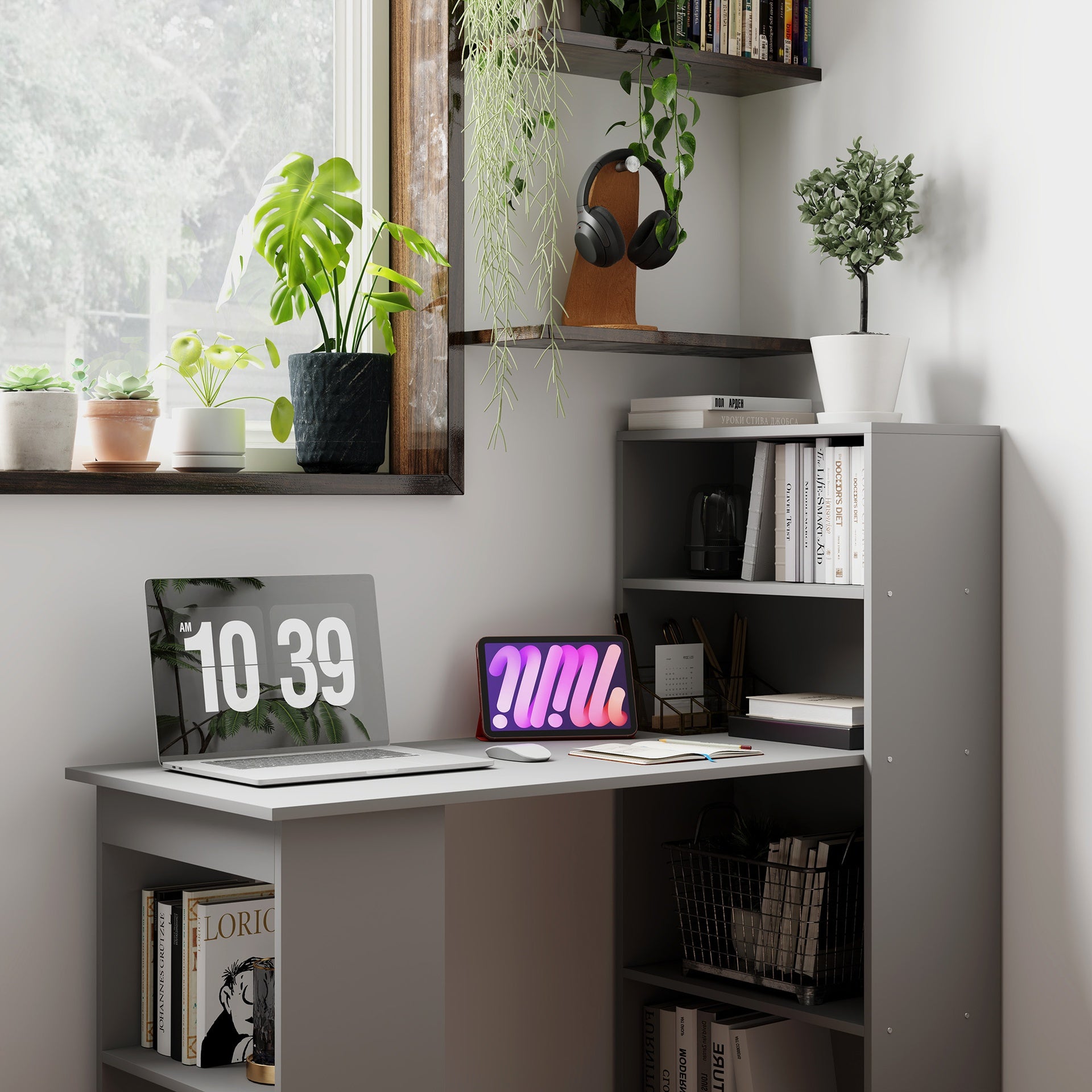 HOMCOM Compact Computer Desk with 6-Tier Storage Shelves, Writing Table Workstation with Bookshelf for Home Office, Gray