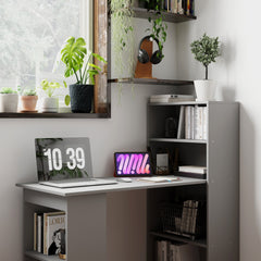 HOMCOM Compact Computer Desk with 6-Tier Storage Shelves, Writing Table Workstation with Bookshelf for Home Office, Gray
