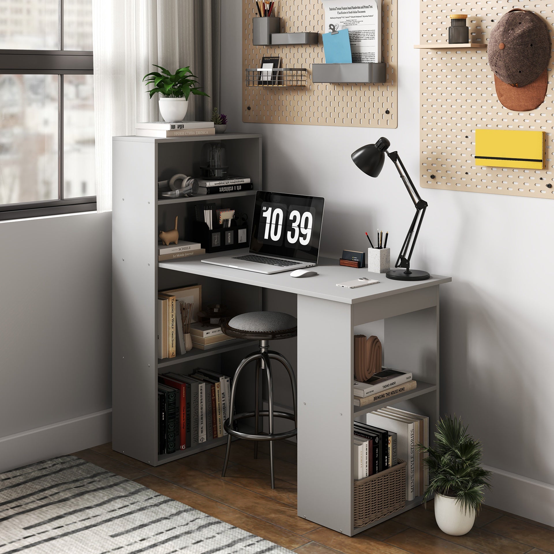 HOMCOM Compact Computer Desk with 6-Tier Storage Shelves, Writing Table Workstation with Bookshelf for Home Office, Gray