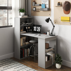HOMCOM Compact Computer Desk with 6-Tier Storage Shelves, Writing Table Workstation with Bookshelf for Home Office, Gray