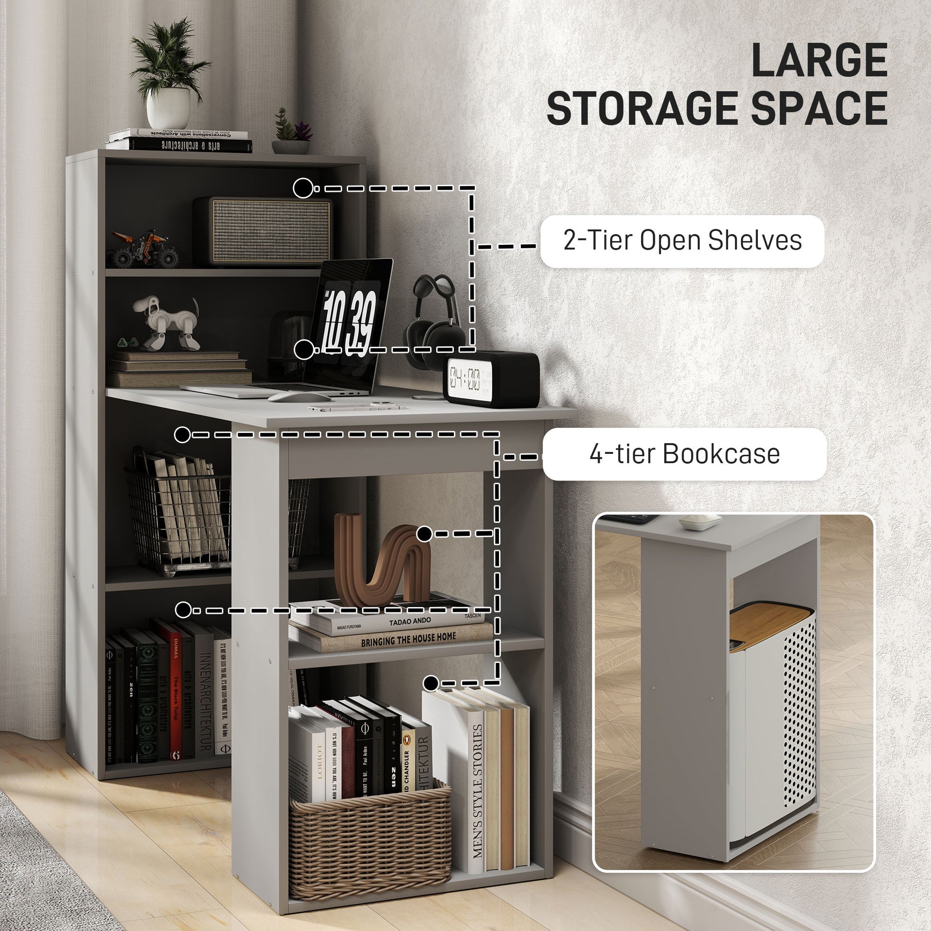 HOMCOM Compact Computer Desk with 6-Tier Storage Shelves, Writing Table Workstation with Bookshelf for Home Office, Gray