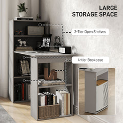 HOMCOM Compact Computer Desk with 6-Tier Storage Shelves, Writing Table Workstation with Bookshelf for Home Office, Gray