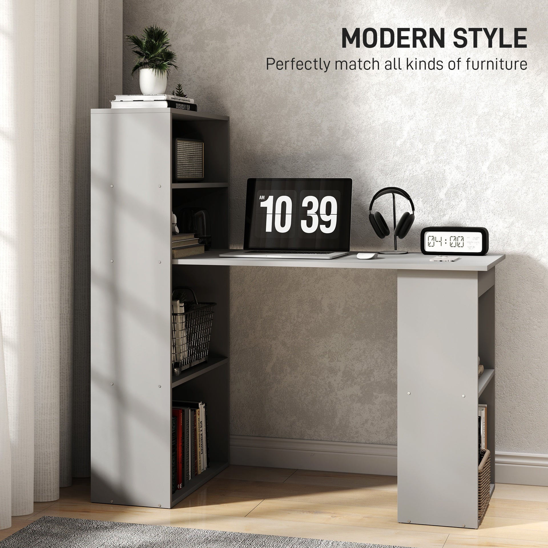 HOMCOM Compact Computer Desk with 6-Tier Storage Shelves, Writing Table Workstation with Bookshelf for Home Office, Gray
