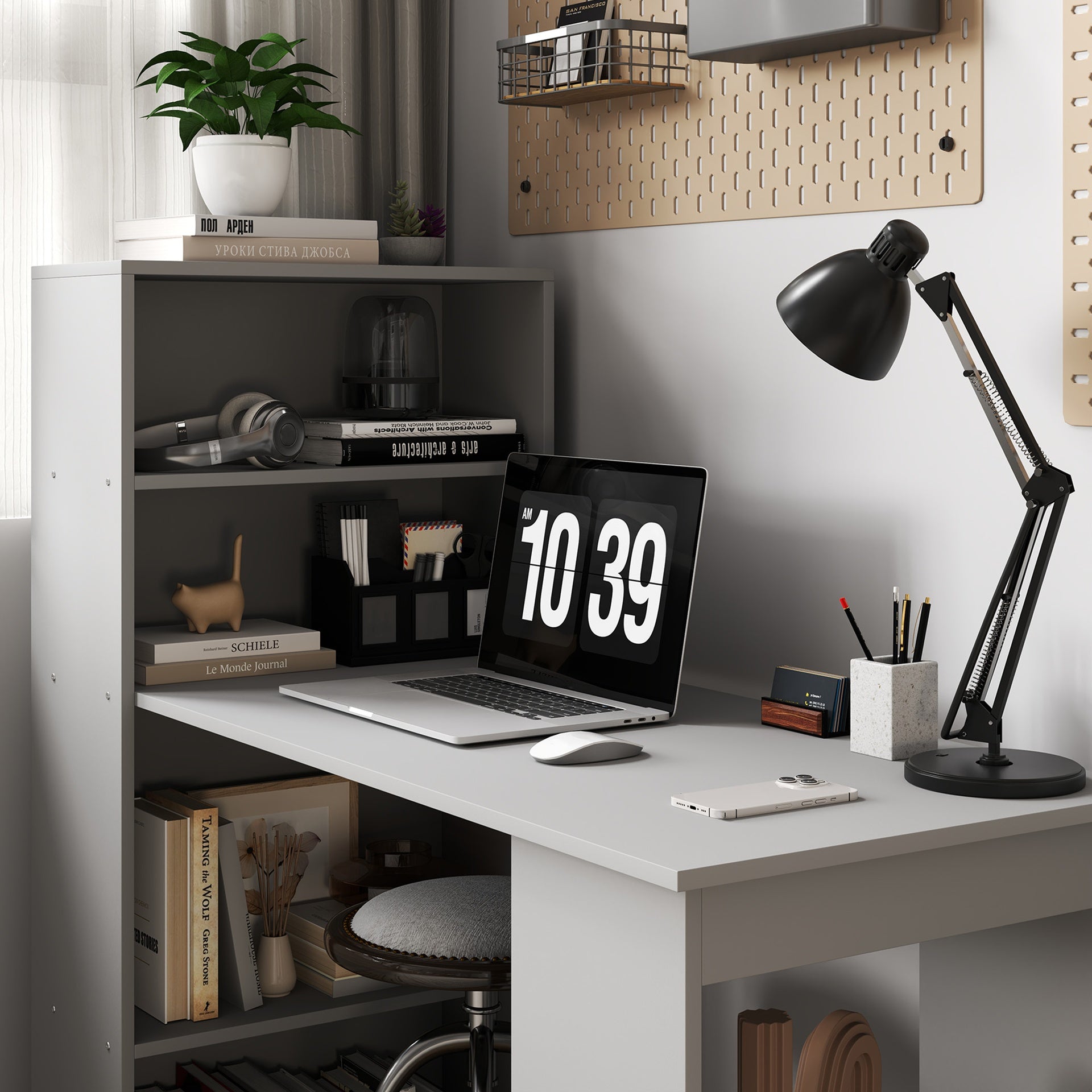 HOMCOM Compact Computer Desk with 6-Tier Storage Shelves, Writing Table Workstation with Bookshelf for Home Office, Gray