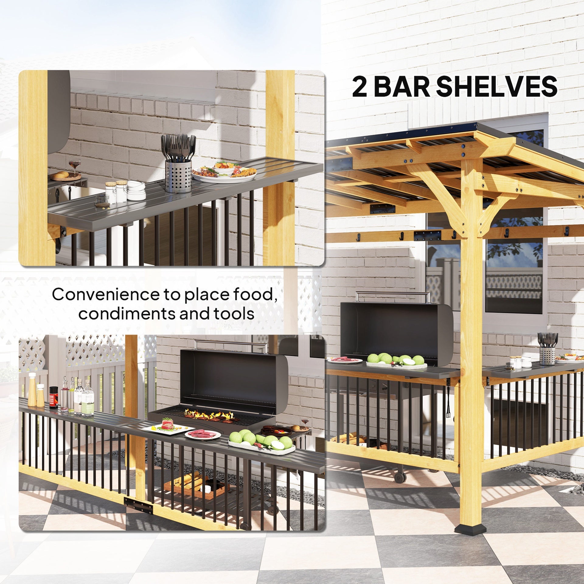 Outsunny 13' x 6' Wooden BBQ Grill Gazebo, Outdoor Hardtop Grill Gazebo with Metal Roof, 2 Bar Shelves and 6 Hooks, Natural