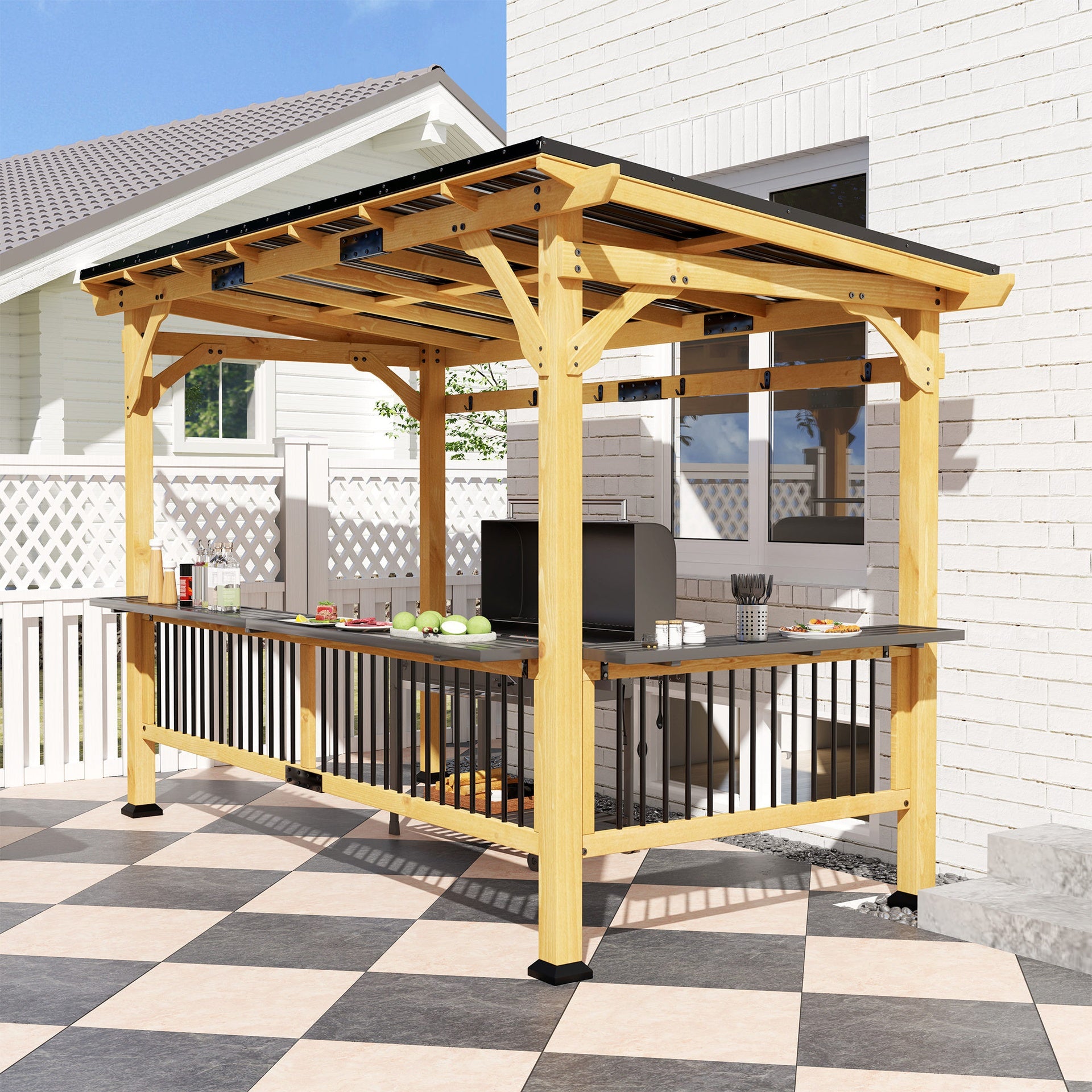 Outsunny 13' x 6' Wooden BBQ Grill Gazebo, Outdoor Hardtop Grill Gazebo with Metal Roof, 2 Bar Shelves and 6 Hooks, Natural