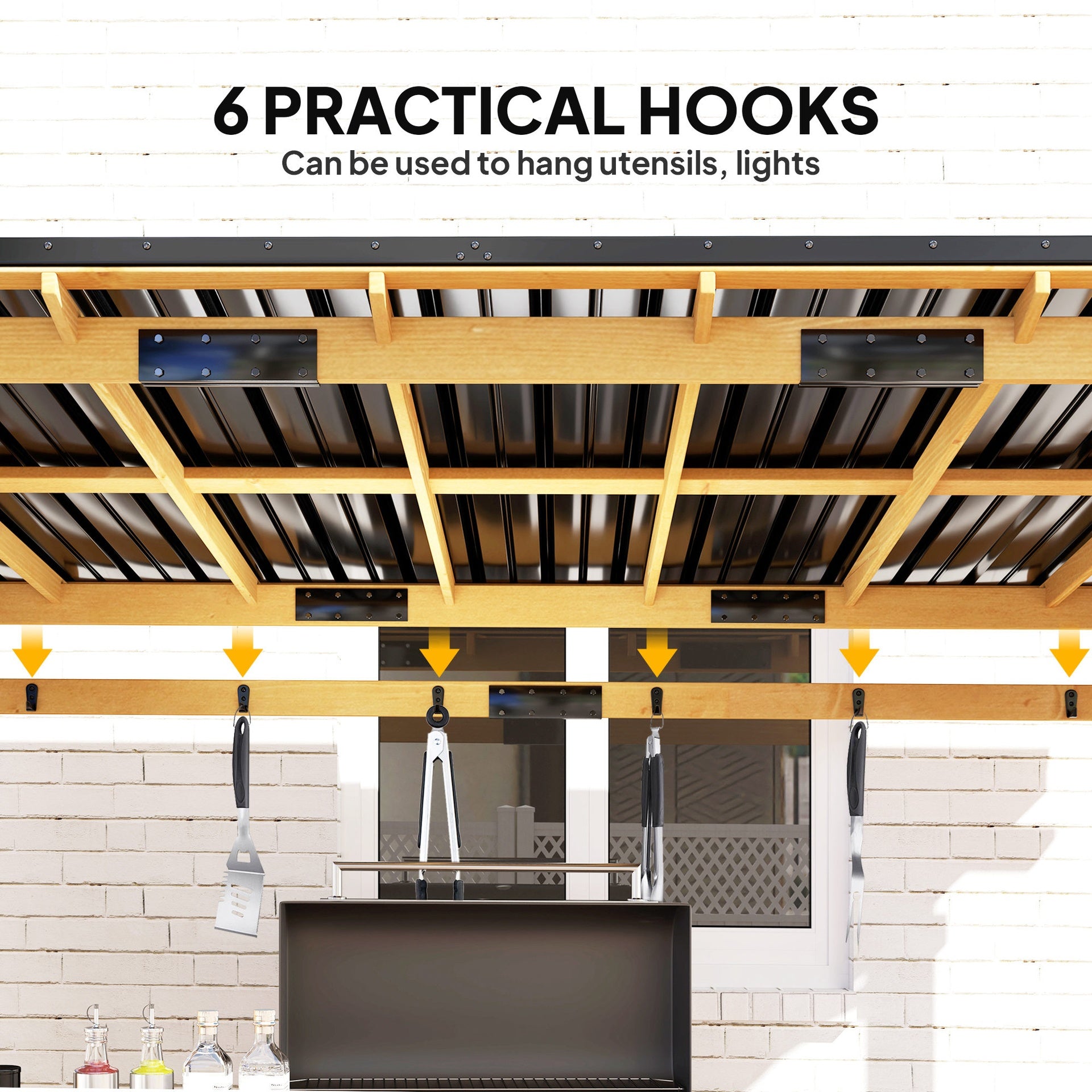 Outsunny 13' x 6' Wooden BBQ Grill Gazebo, Outdoor Hardtop Grill Gazebo with Metal Roof, 2 Bar Shelves and 6 Hooks, Natural