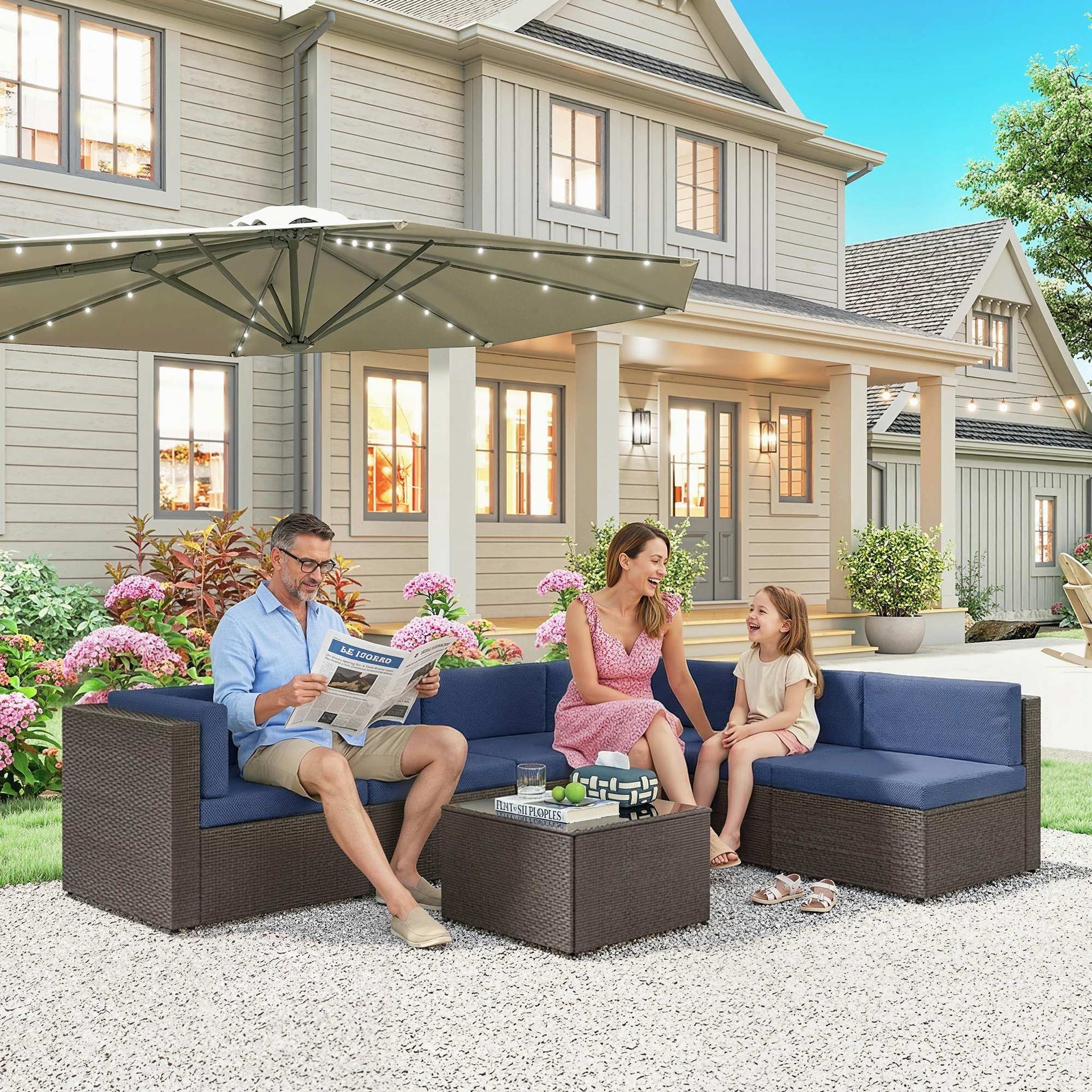 Outsunny 7 Piece Patio Furniture Set, All Weather PE Rattan Outdoor Furniture Conversation Sets with Glass Top Coffee Table