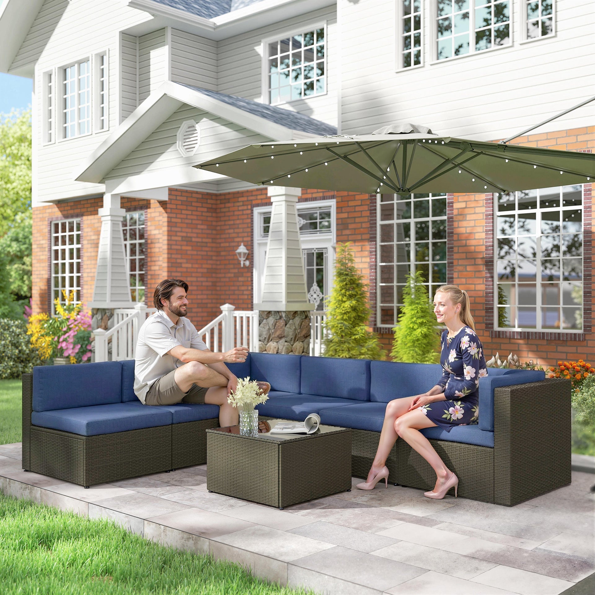 Outsunny 7 Piece Patio Furniture Set, All Weather PE Rattan Outdoor Furniture Conversation Sets with Glass Top Coffee Table