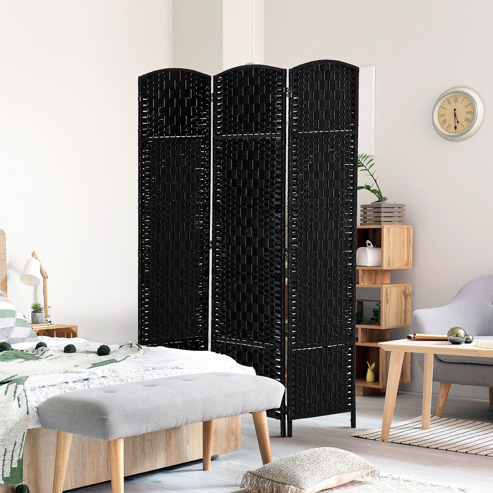 HOMCOM Room Divider 3 Panel, 6FT Tall Folding Privacy Screen, Freestanding Hand-Woven Partition for Room Separation with 360° Hinges, Paper Rope Diamond Weave, Black
