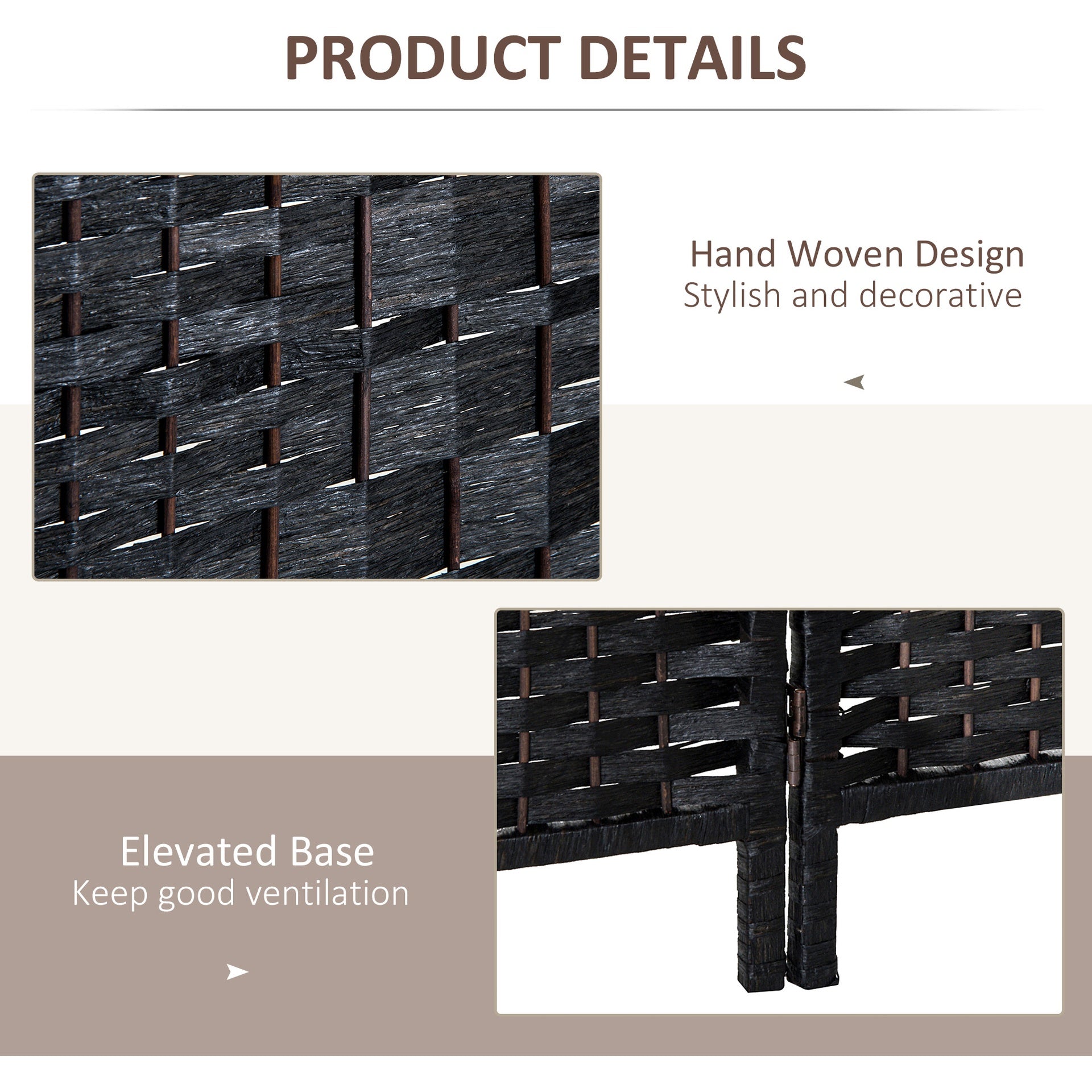 HOMCOM Room Divider 3 Panel, 6FT Tall Folding Privacy Screen, Freestanding Hand-Woven Partition for Room Separation with 360° Hinges, Paper Rope Diamond Weave, Black