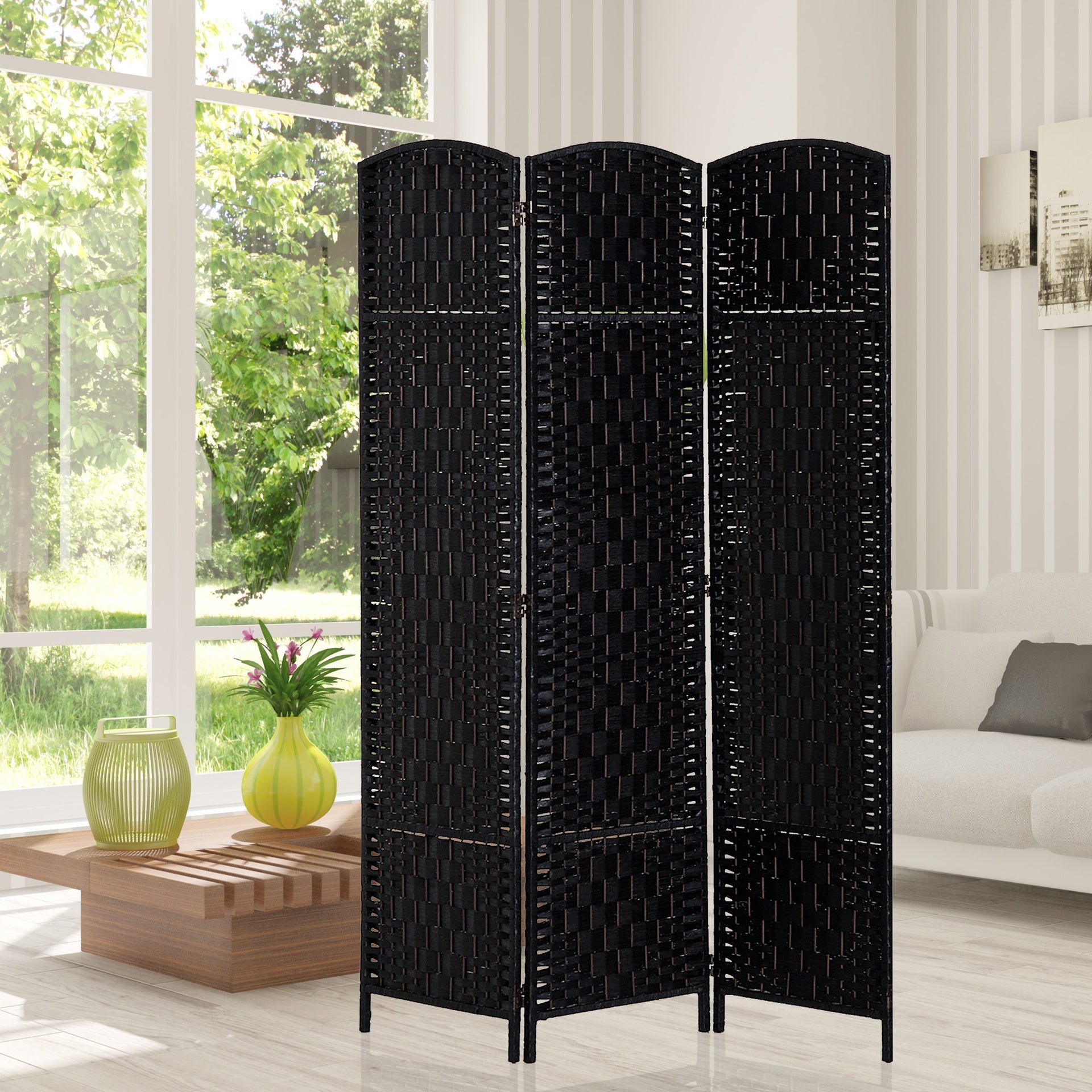 HOMCOM Room Divider 3 Panel, 6FT Tall Folding Privacy Screen, Freestanding Hand-Woven Partition for Room Separation with 360° Hinges, Paper Rope Diamond Weave, Black